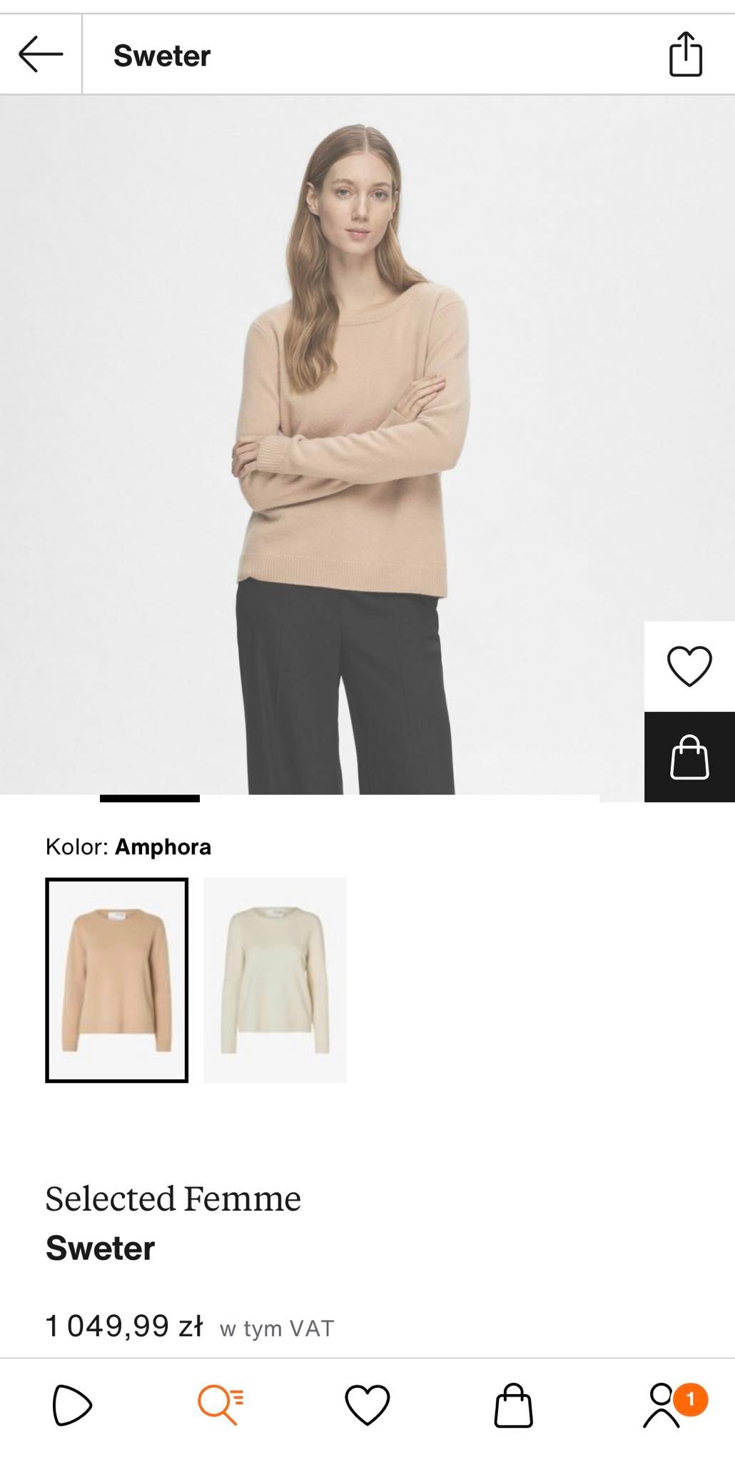Beżowy kaszmirowy grubszy sweter Selected Femme - M