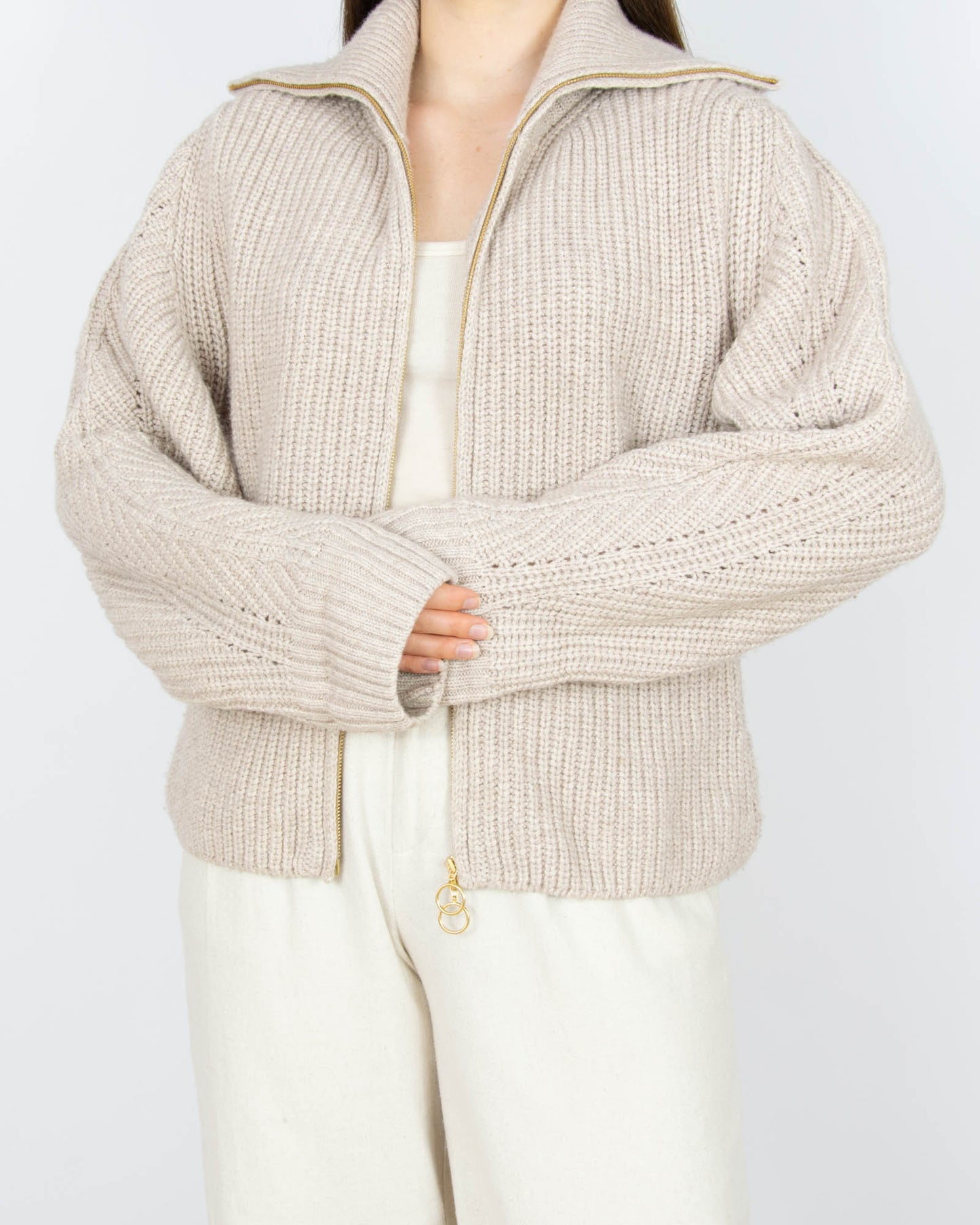 Beżowy (wełna + bawełna organiczna) rozpinany sweter LANIUS - S/M