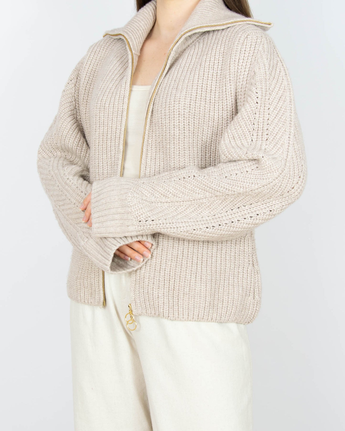 Beżowy (wełna + bawełna organiczna) rozpinany sweter LANIUS - S/M