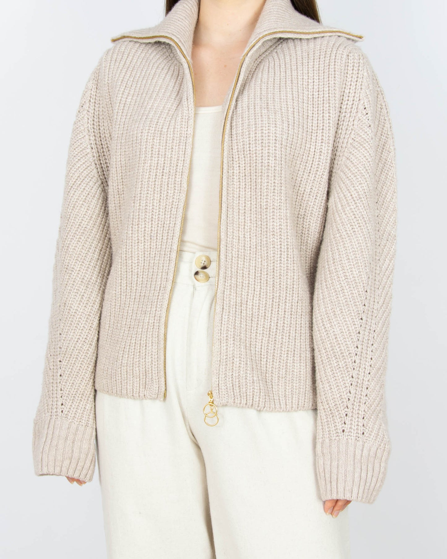 Beżowy (wełna + bawełna organiczna) rozpinany sweter LANIUS - S/M