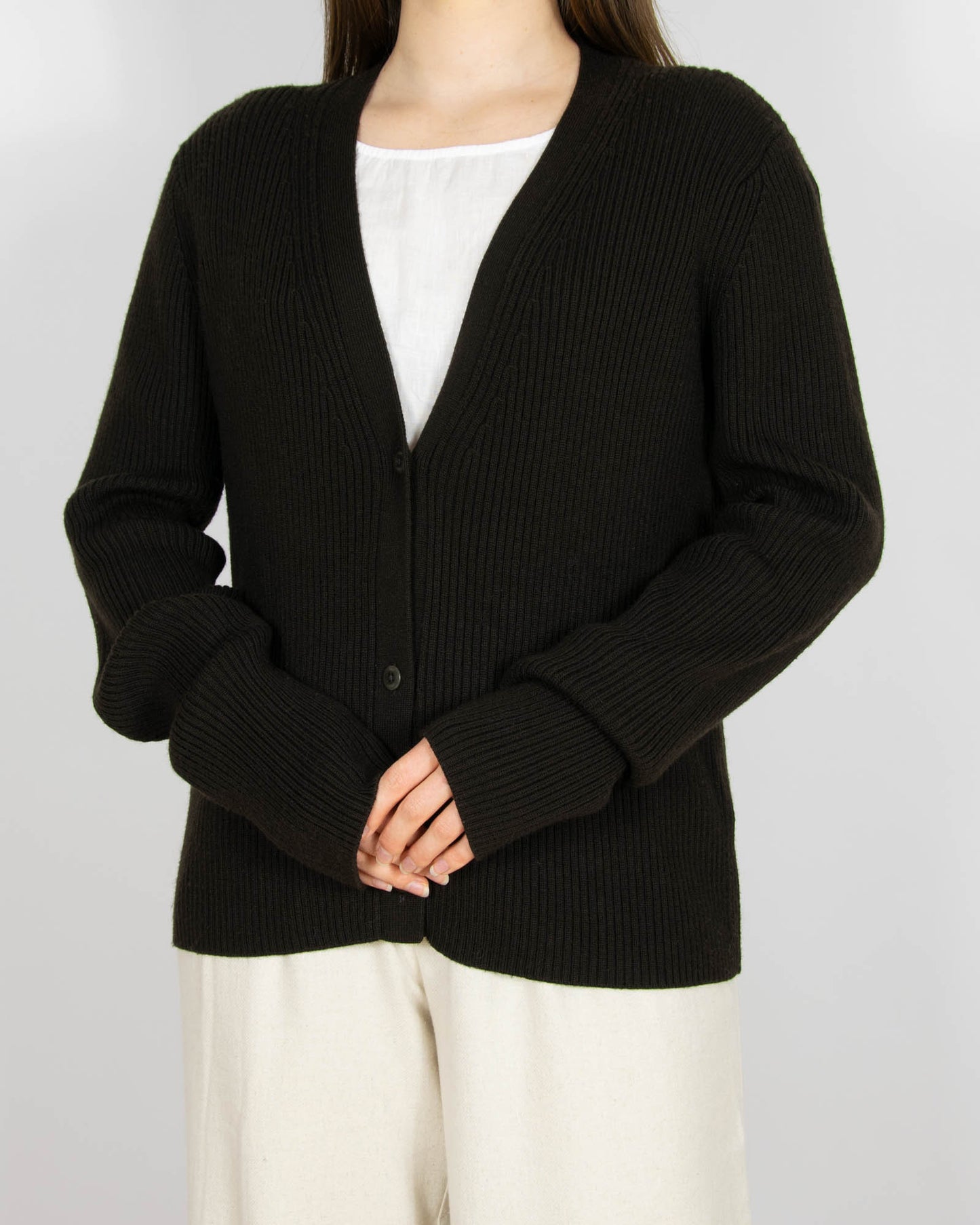 Ciemnobrązowy wełniany (merino) prążkowany kardigan DRYKORN - M/L
