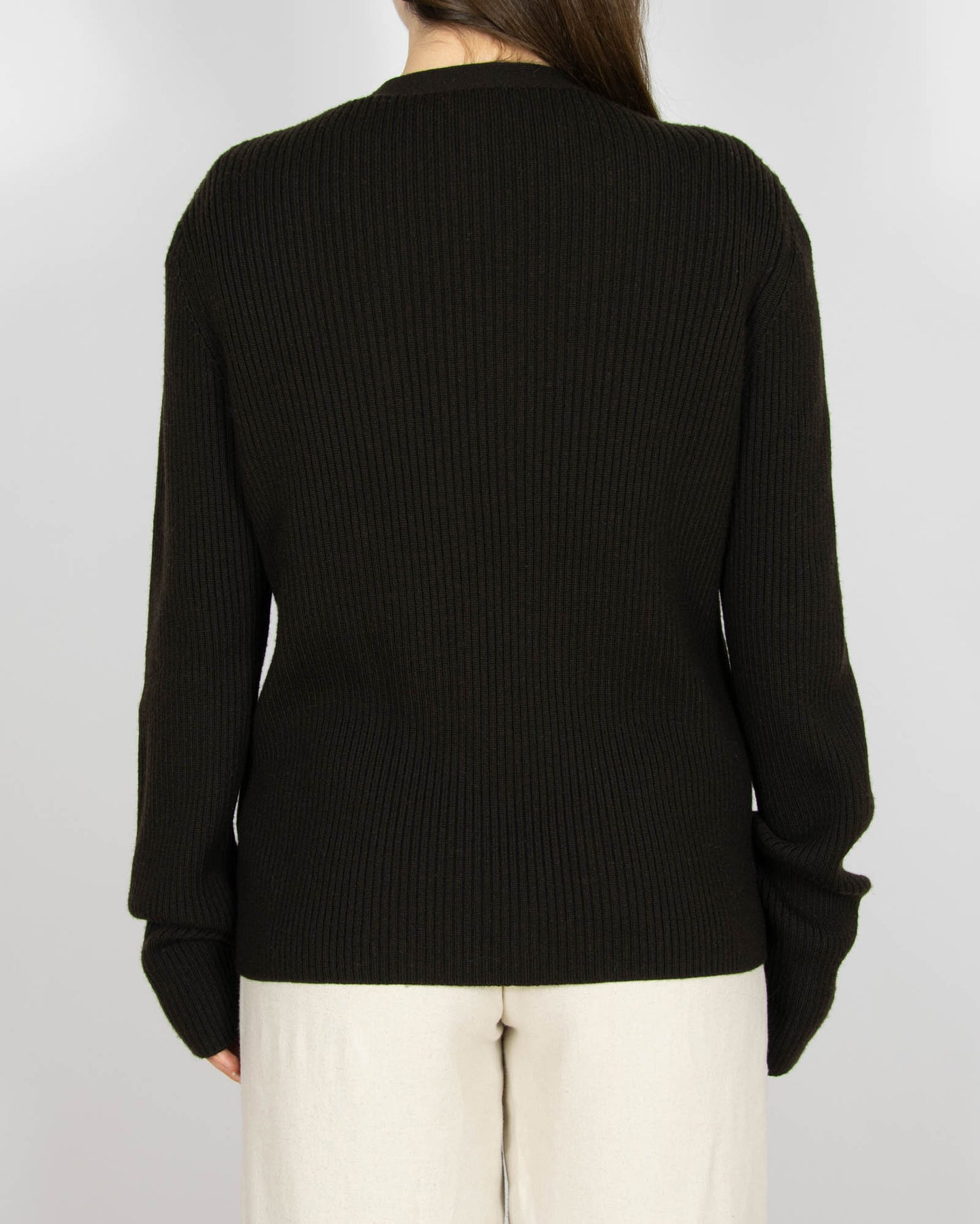 Ciemnobrązowy wełniany (merino) prążkowany kardigan DRYKORN - M/L