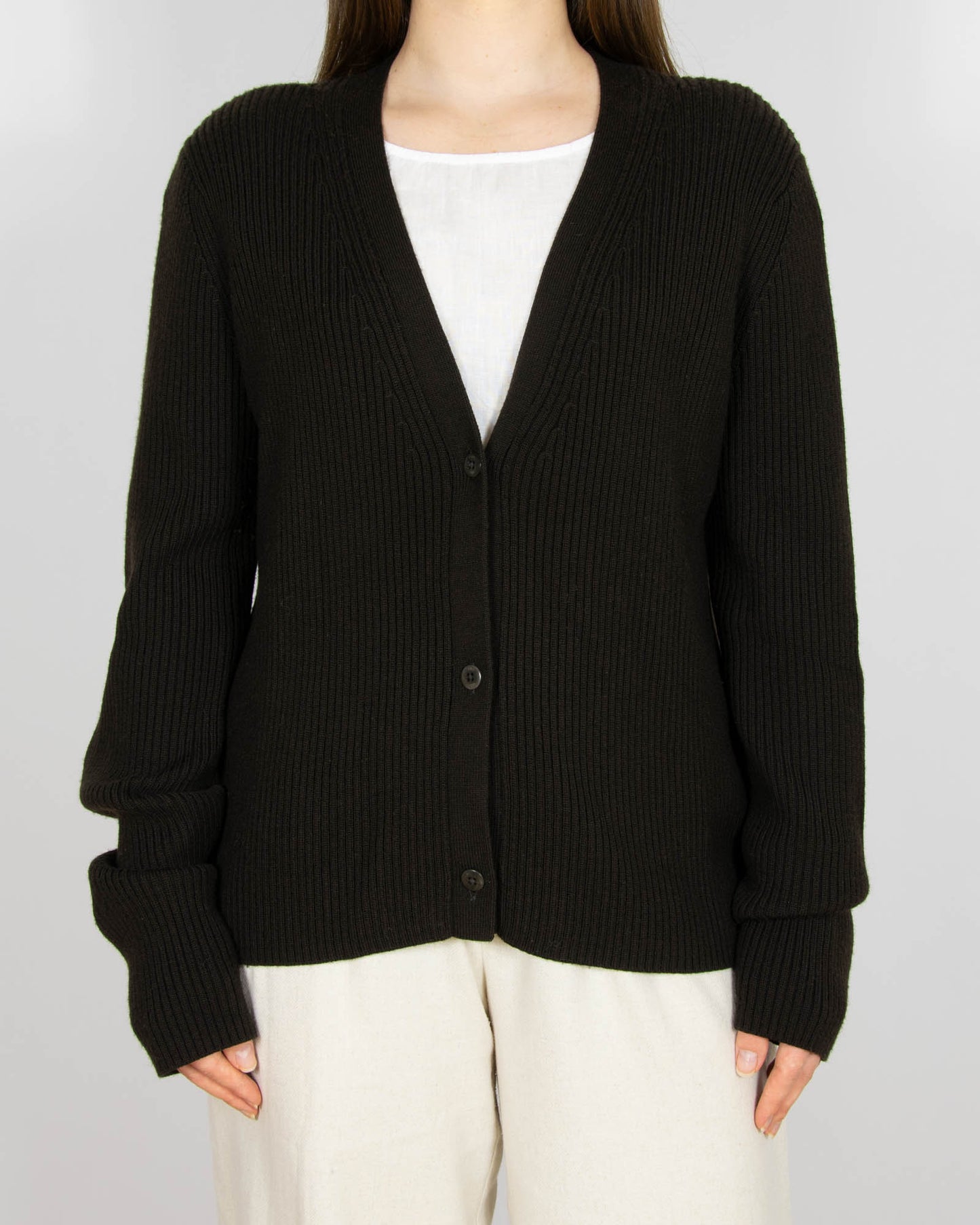 Ciemnobrązowy wełniany (merino) prążkowany kardigan DRYKORN - M/L
