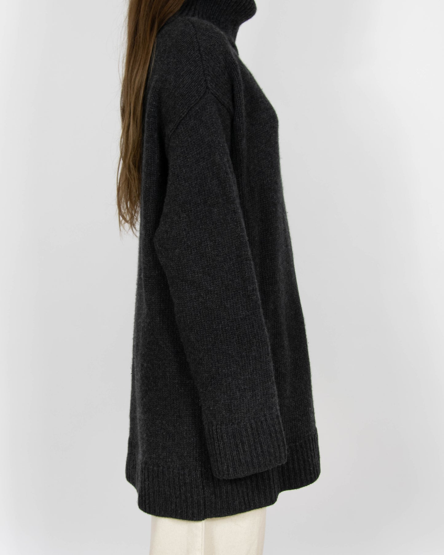 Ciemnoszary wełniany (wełna + kaszmir) oversize sweter z golfem H&M - S
