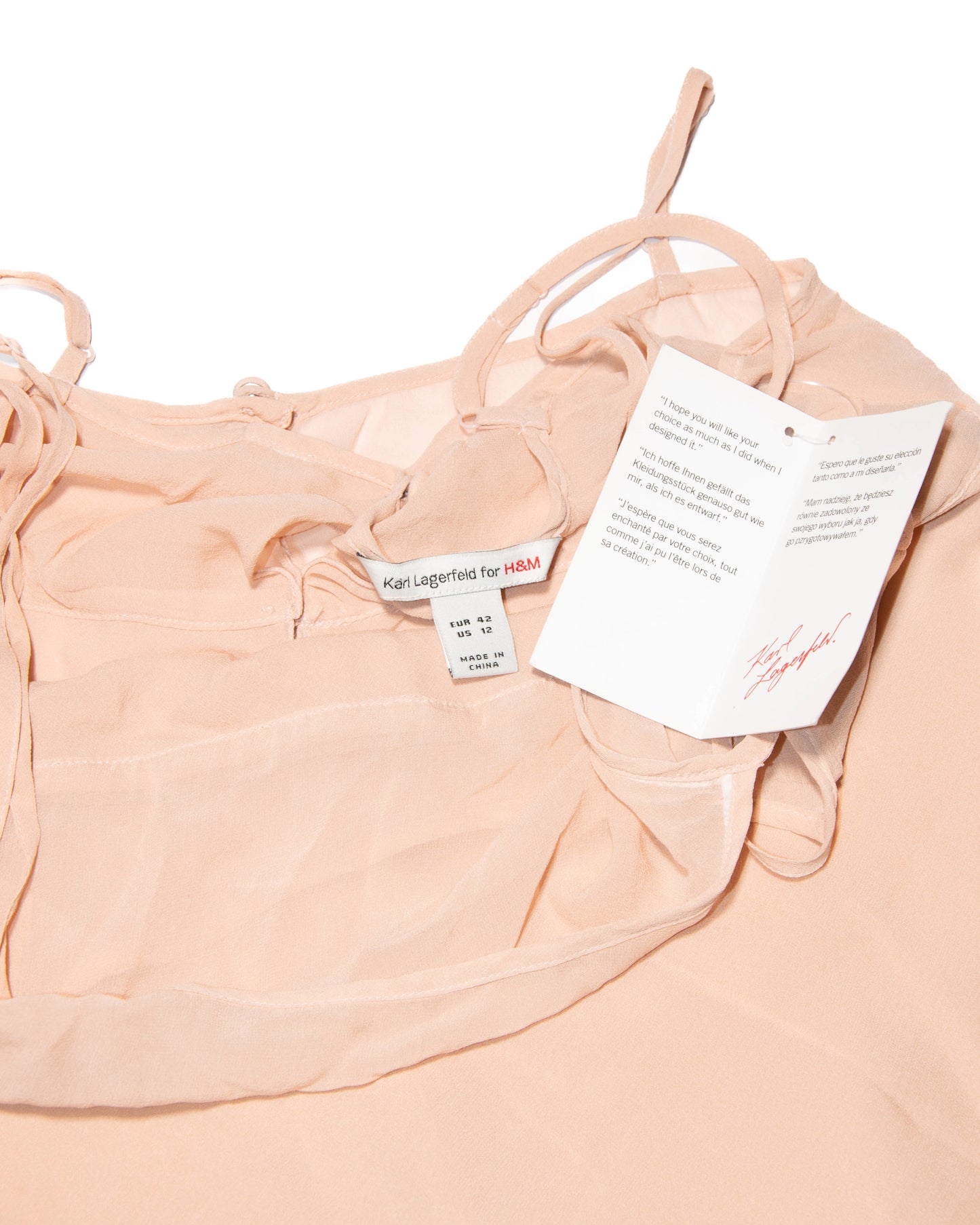 Nowy pudrowy różowy jedwabny top z falbanami H&M & Karl Lagerfeld - XL