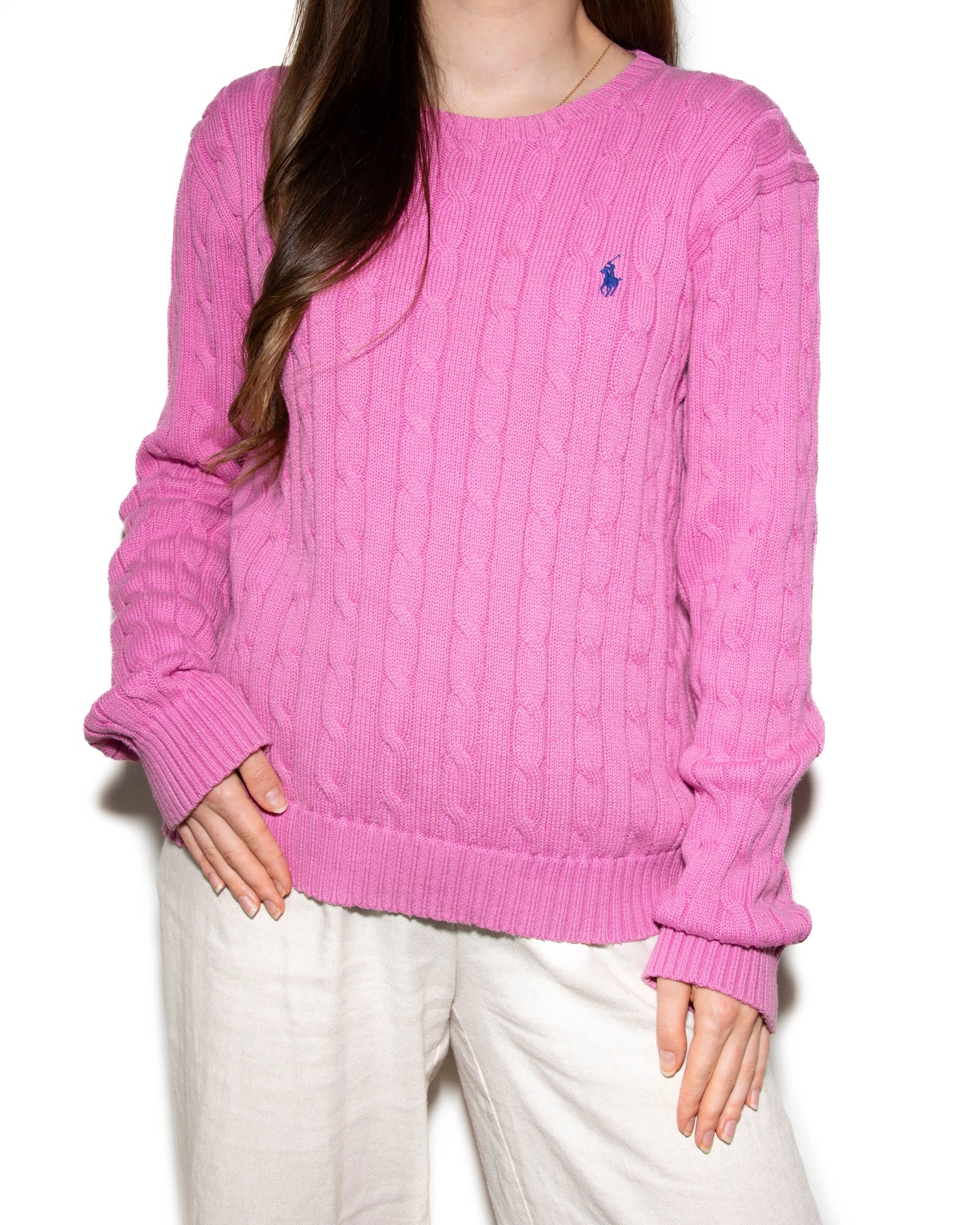 Różowy bawełniany sweter warkoczowy Ralph Lauren - XL