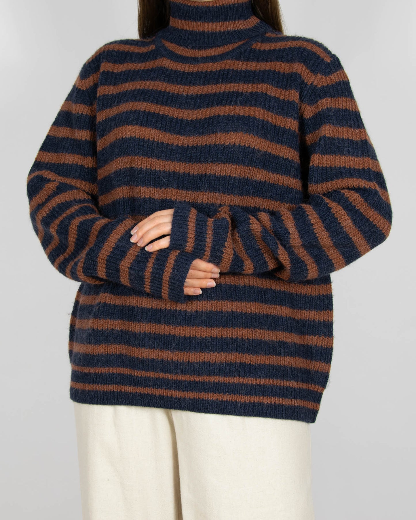Brązowo granatowy (wełna + alpaka) sweter w paski Second Female - XL