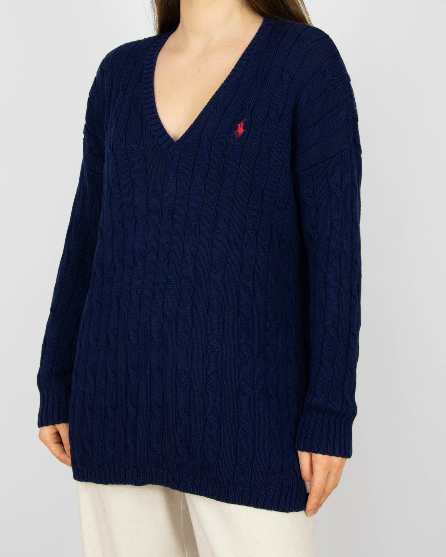 Granatowy bawełniany (pima) sweter warkoczowy Ralph Lauren - M