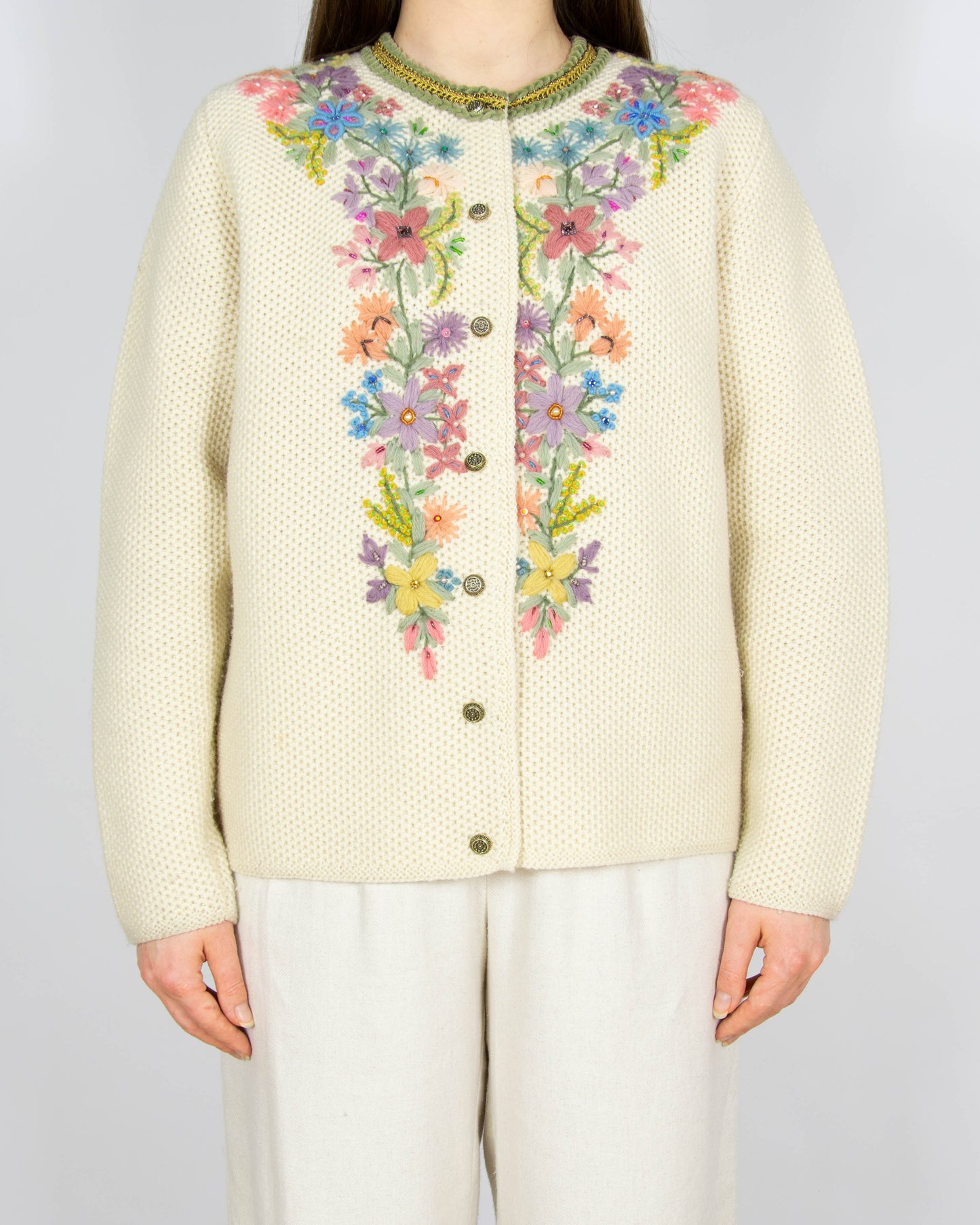 Kremowy wełniany kardigan haftowane kwiaty Handmade vintage - S/M