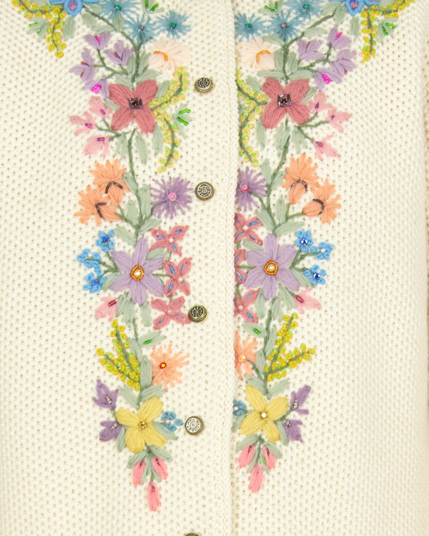 Kremowy wełniany kardigan haftowane kwiaty Handmade vintage - S/M
