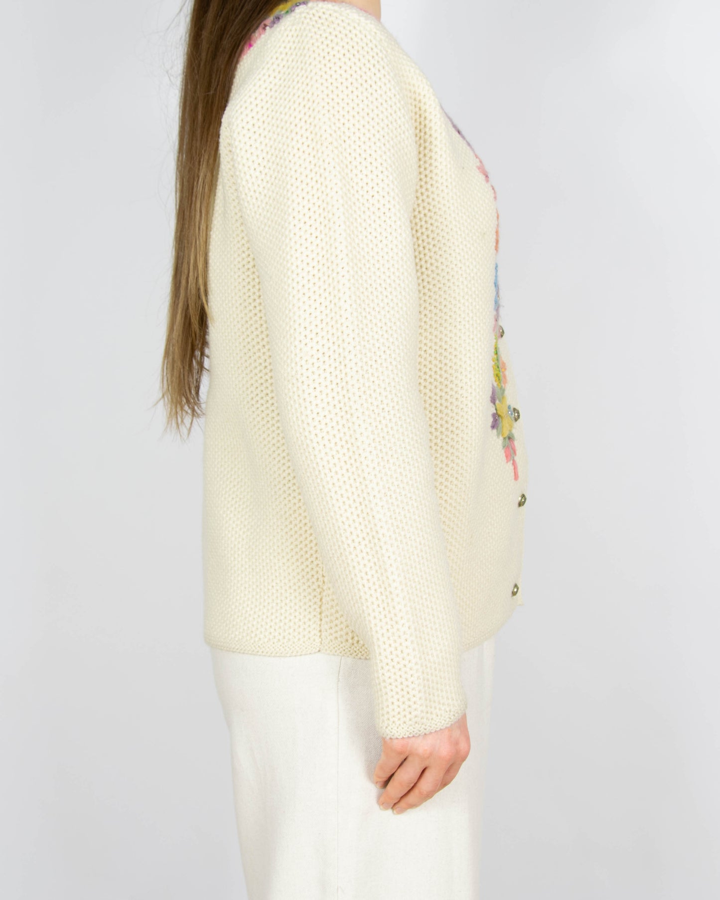 Kremowy wełniany kardigan haftowane kwiaty Handmade vintage - S/M