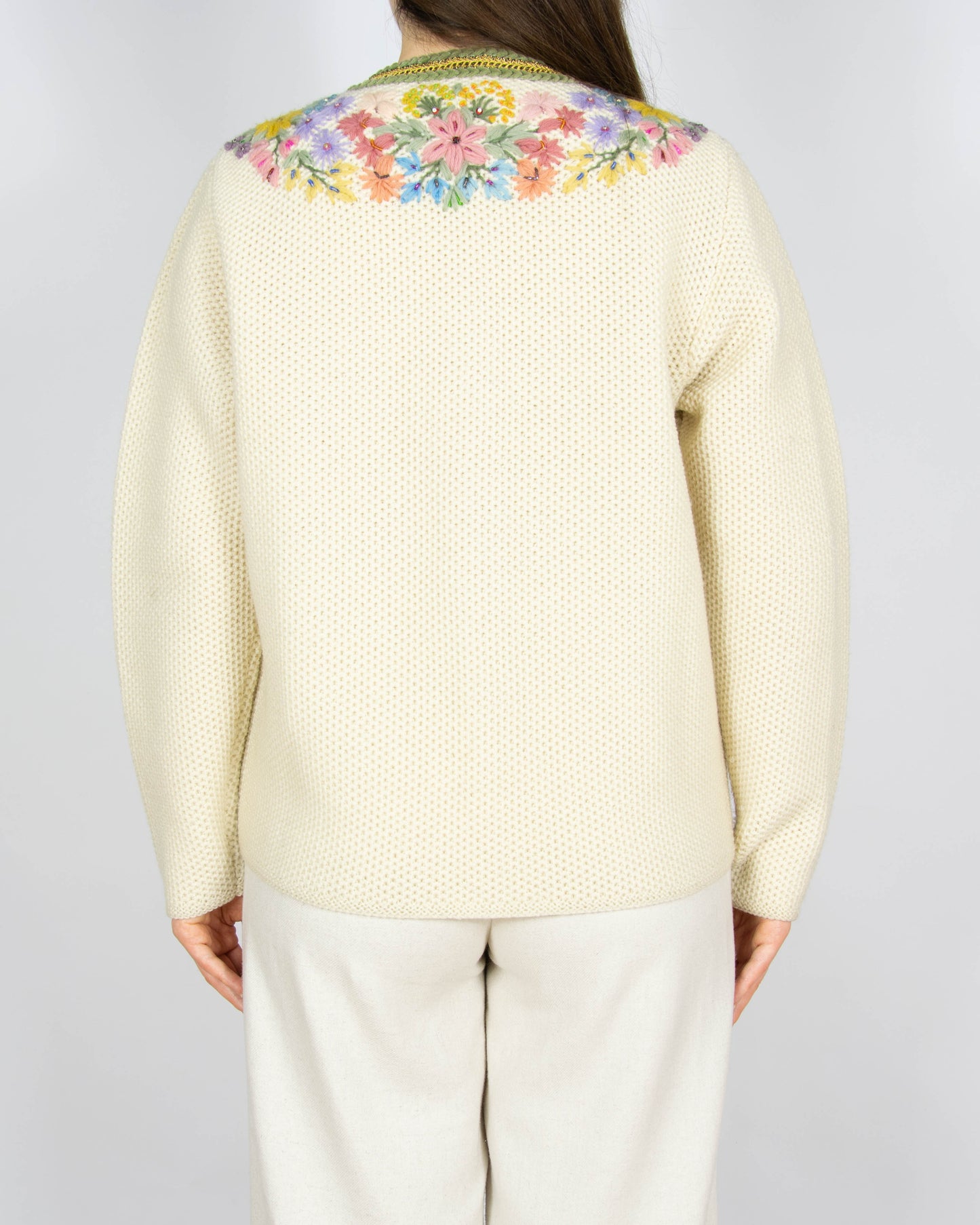 Kremowy wełniany kardigan haftowane kwiaty Handmade vintage - S/M