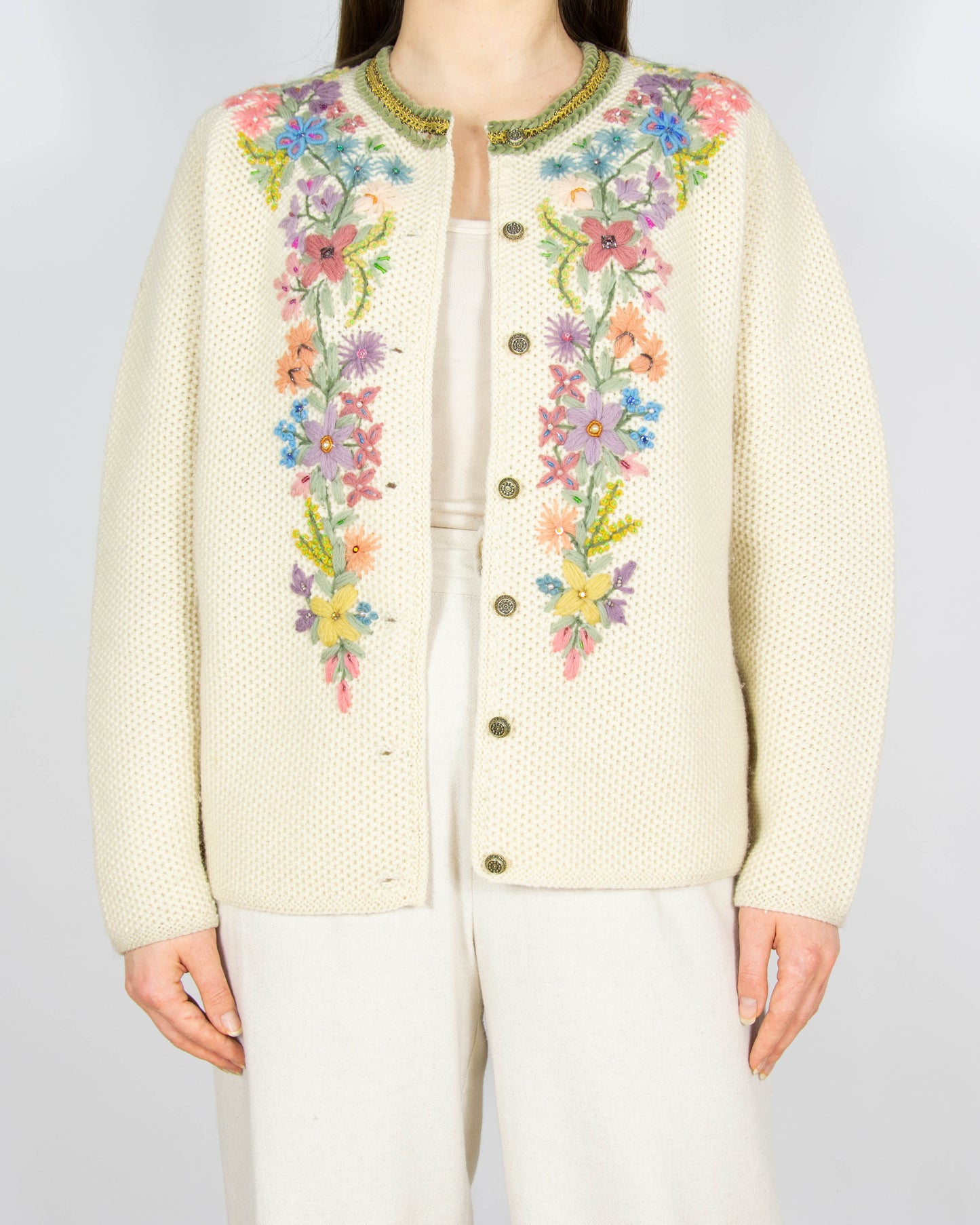 Kremowy wełniany kardigan haftowane kwiaty Handmade vintage - S/M