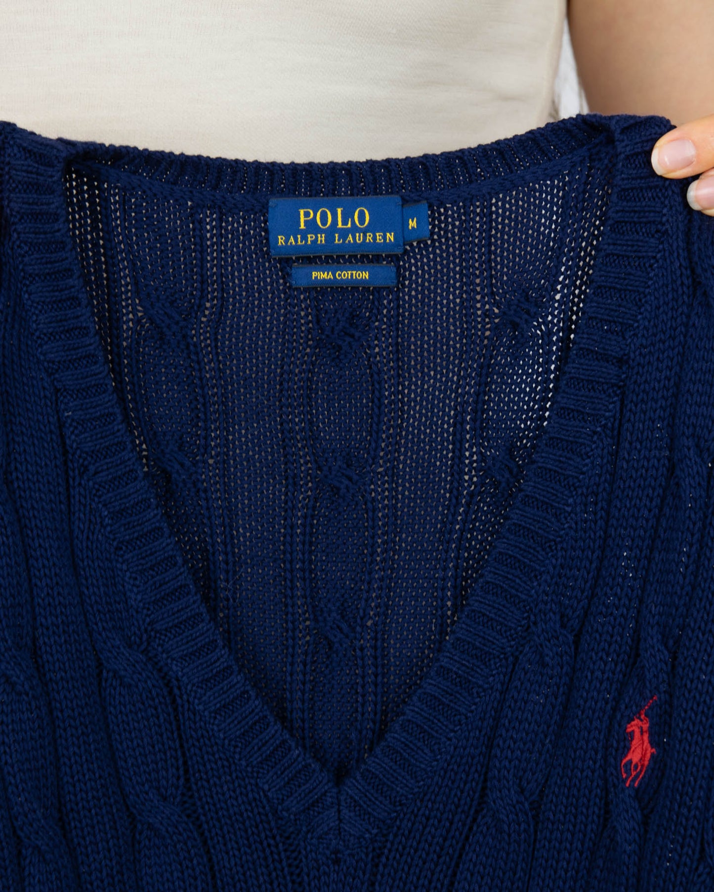 Granatowy bawełniany (pima) sweter warkoczowy Ralph Lauren - M