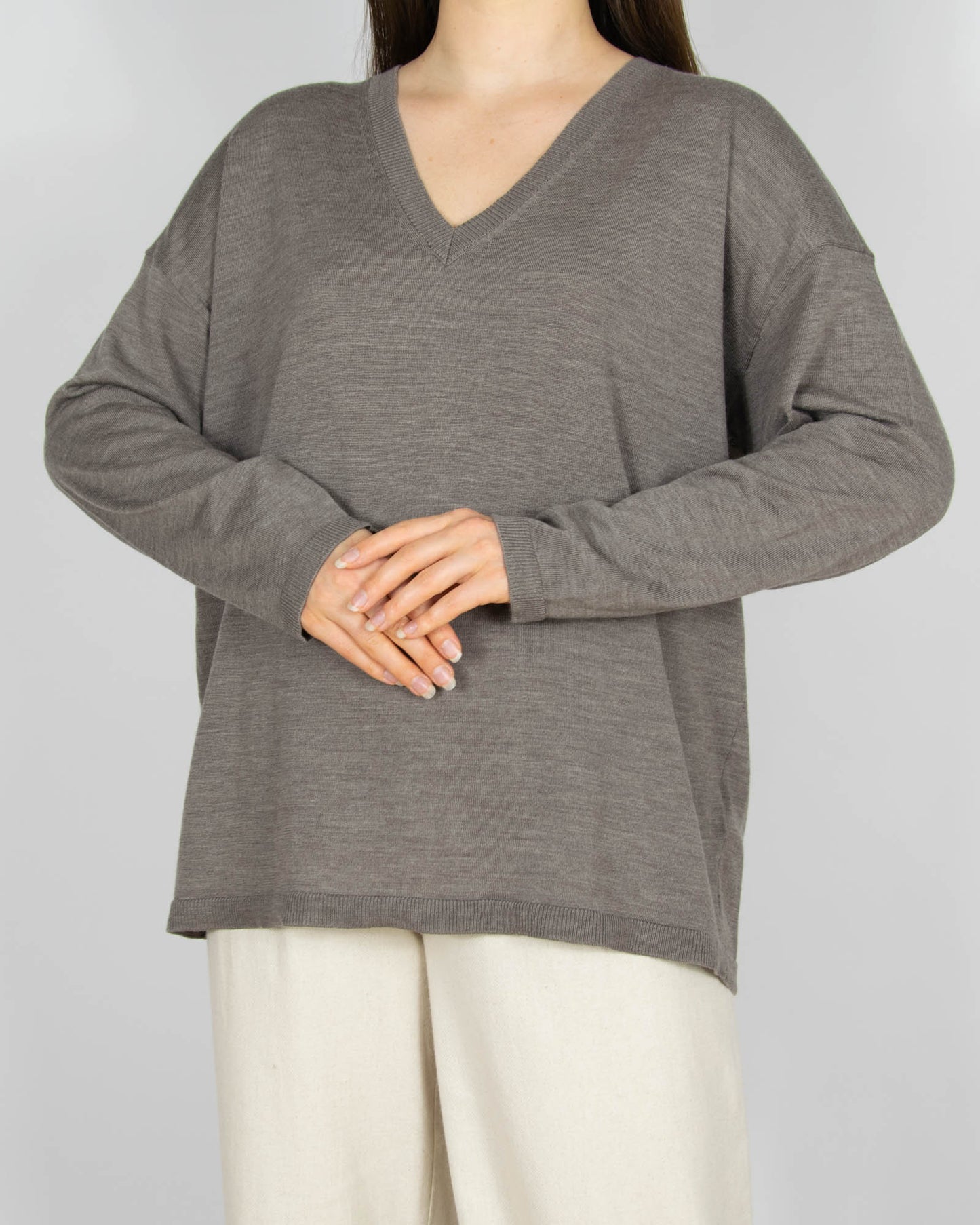 Szarobeżowy wełniany (merino extra fine) sweter M&S - L