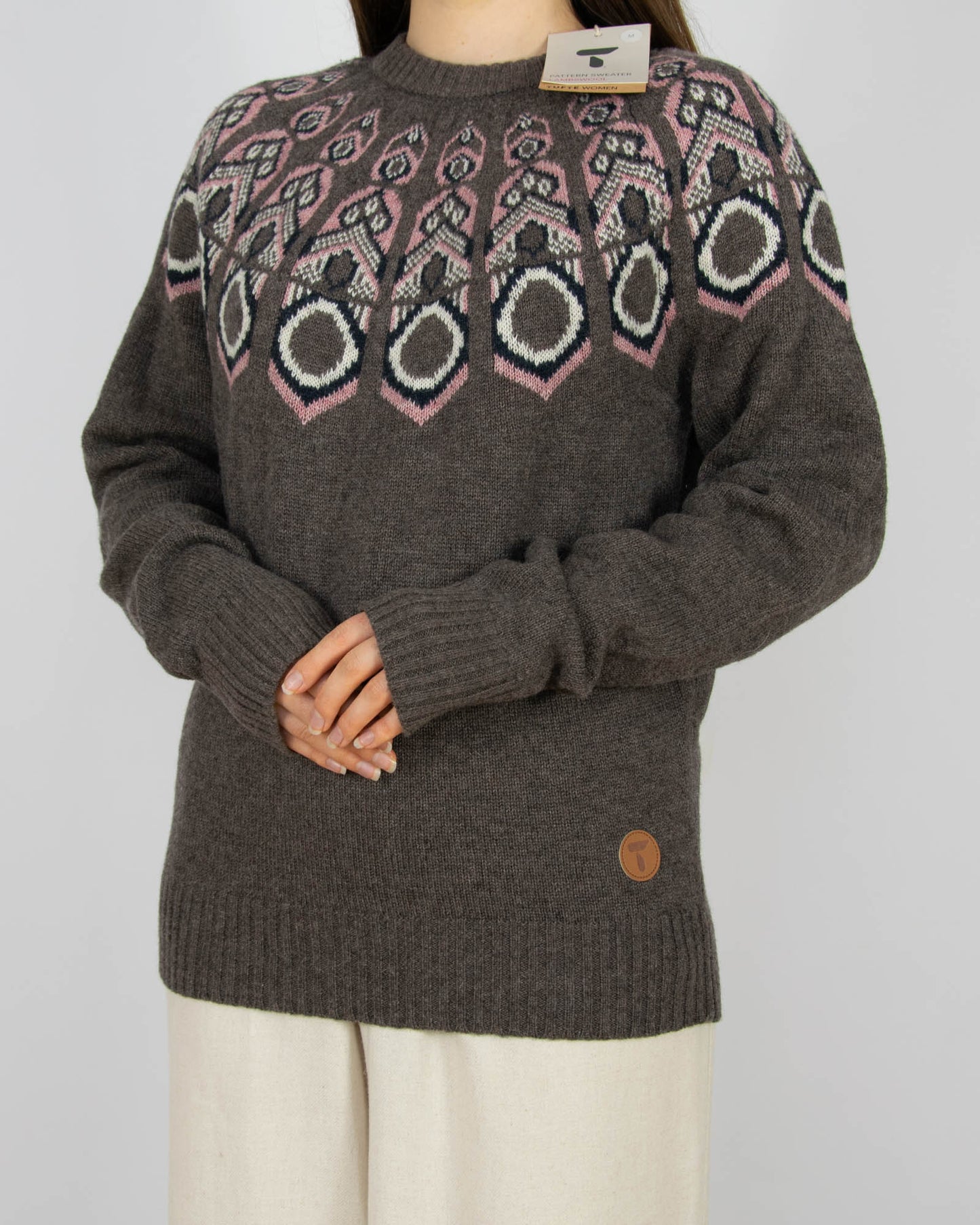 Nowy brązowo różowy (wełna jagnięca + merino) sweter norweski Tufte - M