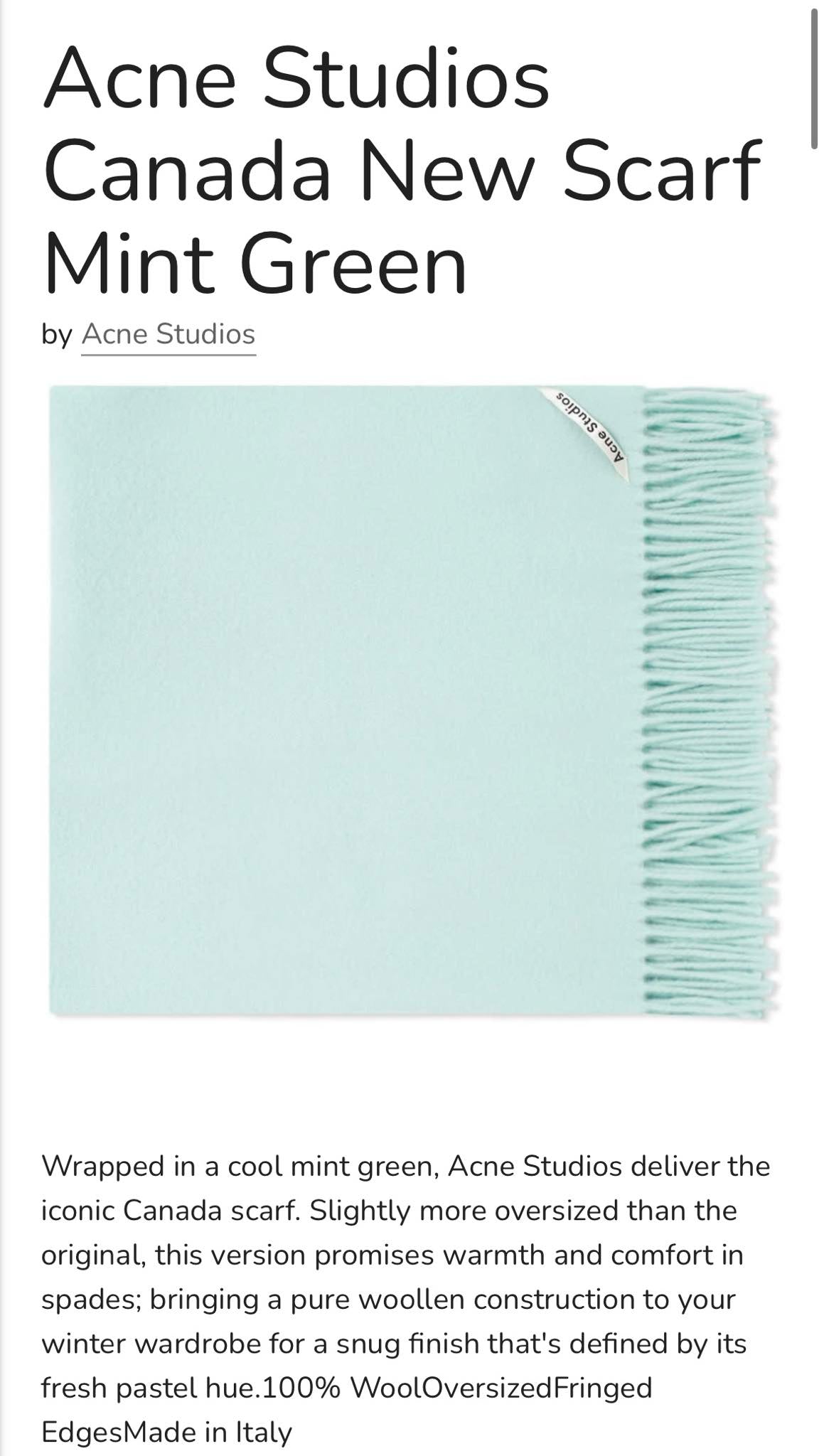 Miętowy wełniany szal Acne Studios - 180x47