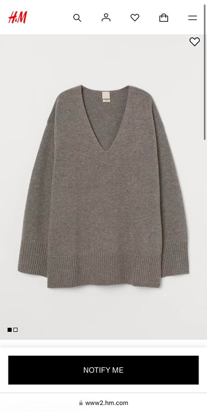 Szaro brązowy wełniany (merino) sweter oversize H&M Premium Selection - M