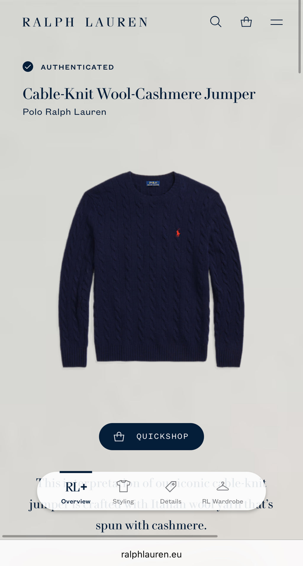 Granatowy (wełna + kaszmir) sweter warkoczowy Ralph Lauren - S