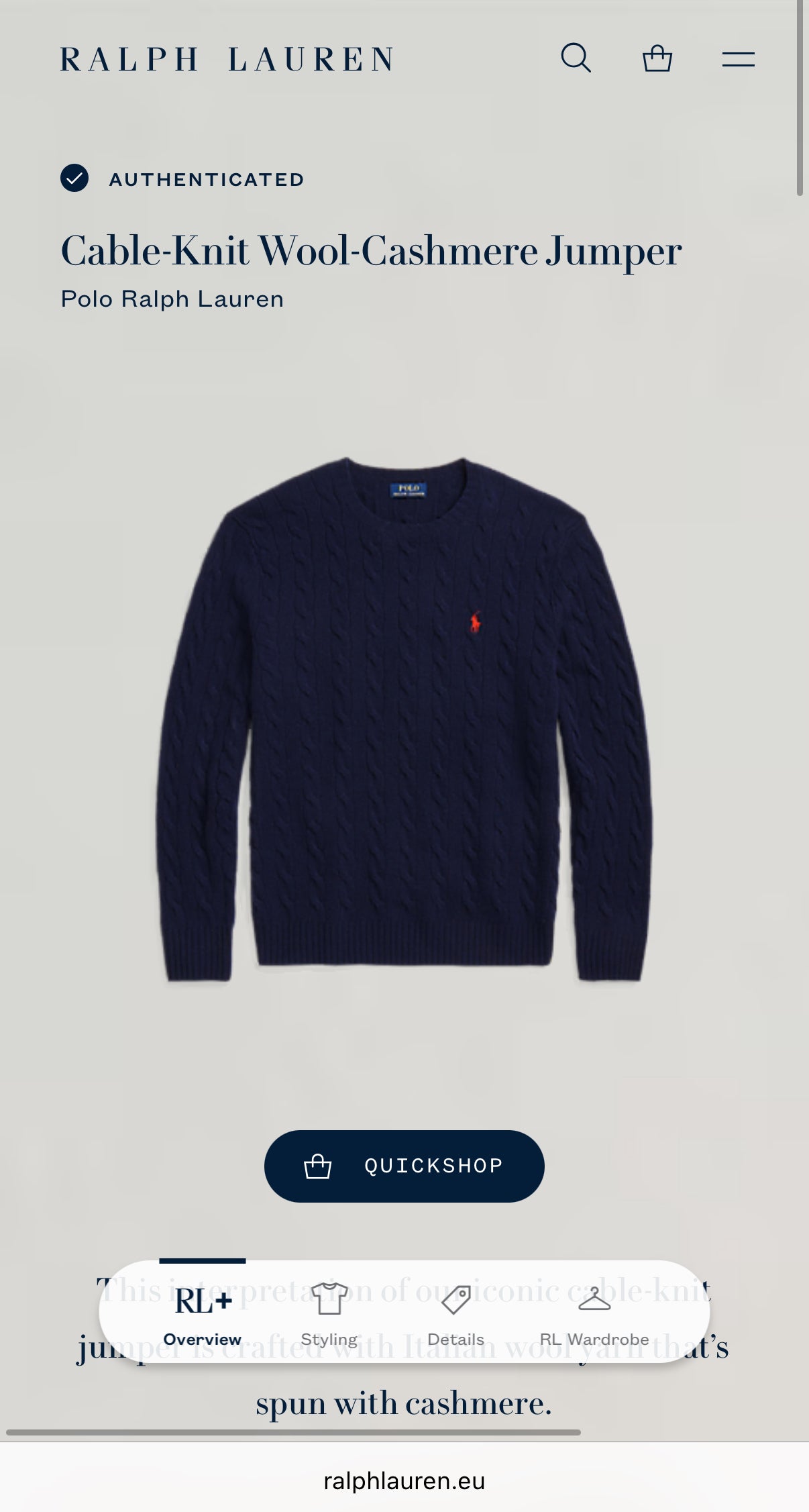 Granatowy (wełna + kaszmir) sweter warkoczowy Ralph Lauren - S