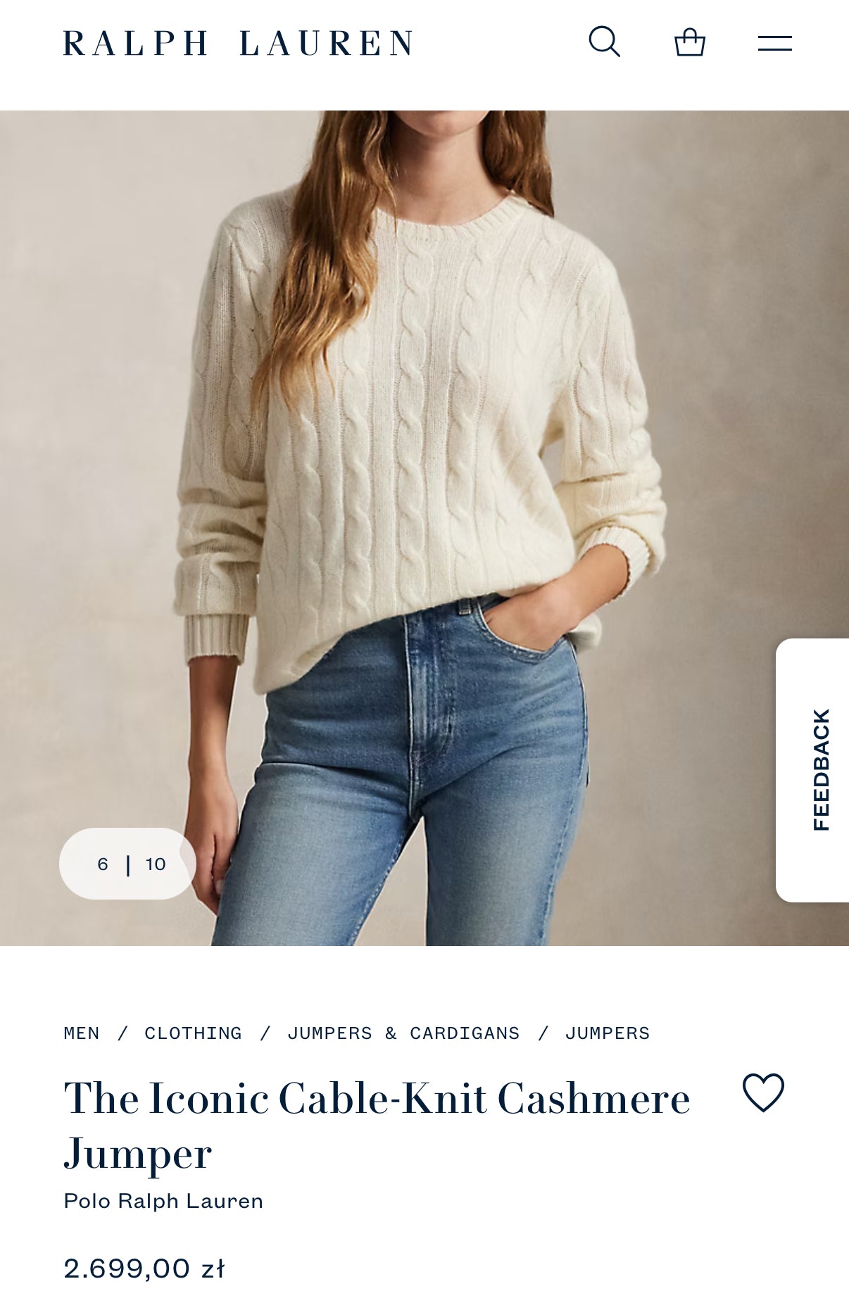 Śmietankowy kaszmirowy sweter warkoczowy Ralph Lauren - L
