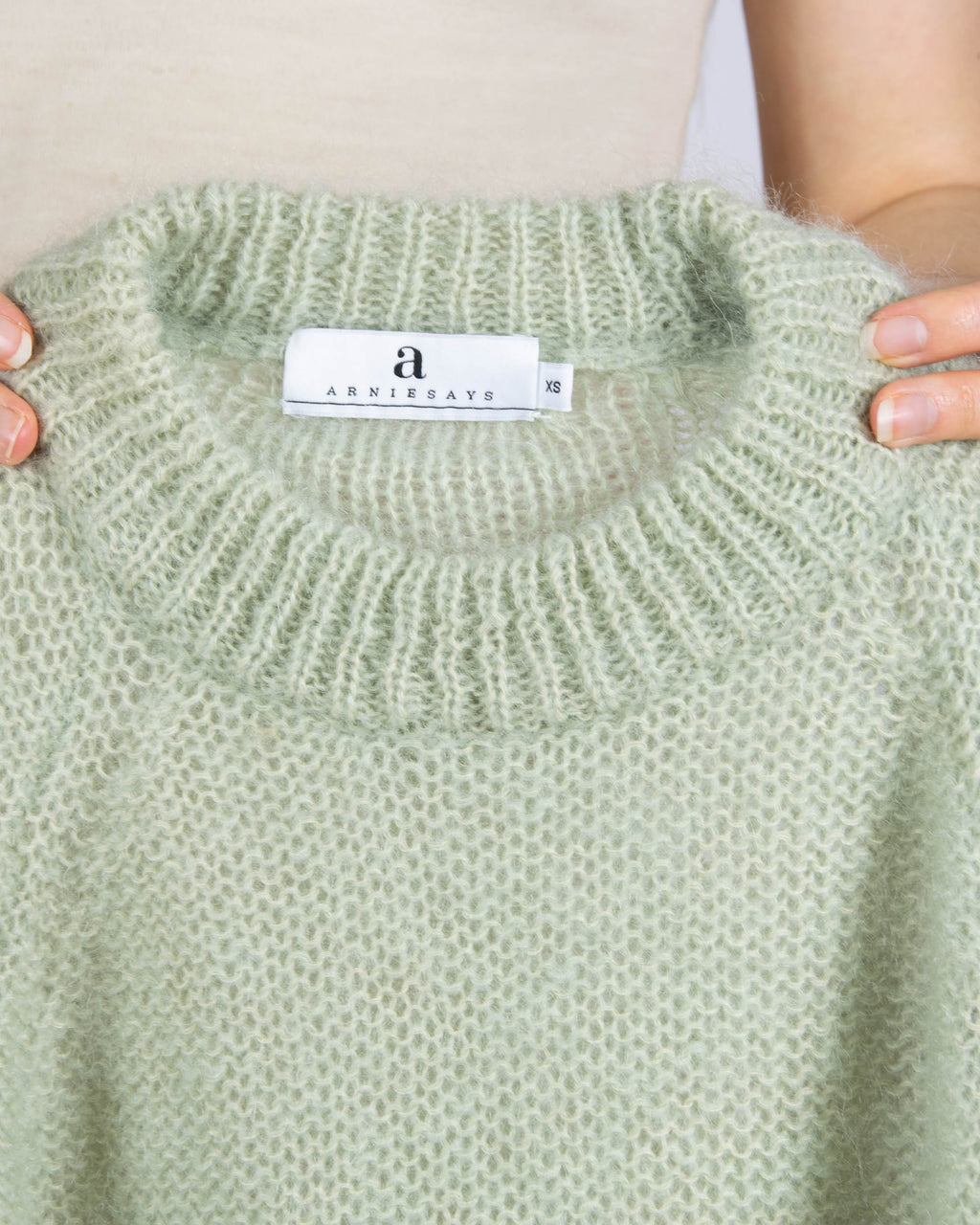 Miętowy (kid moher + wełna) sweter Arnie Says - XS