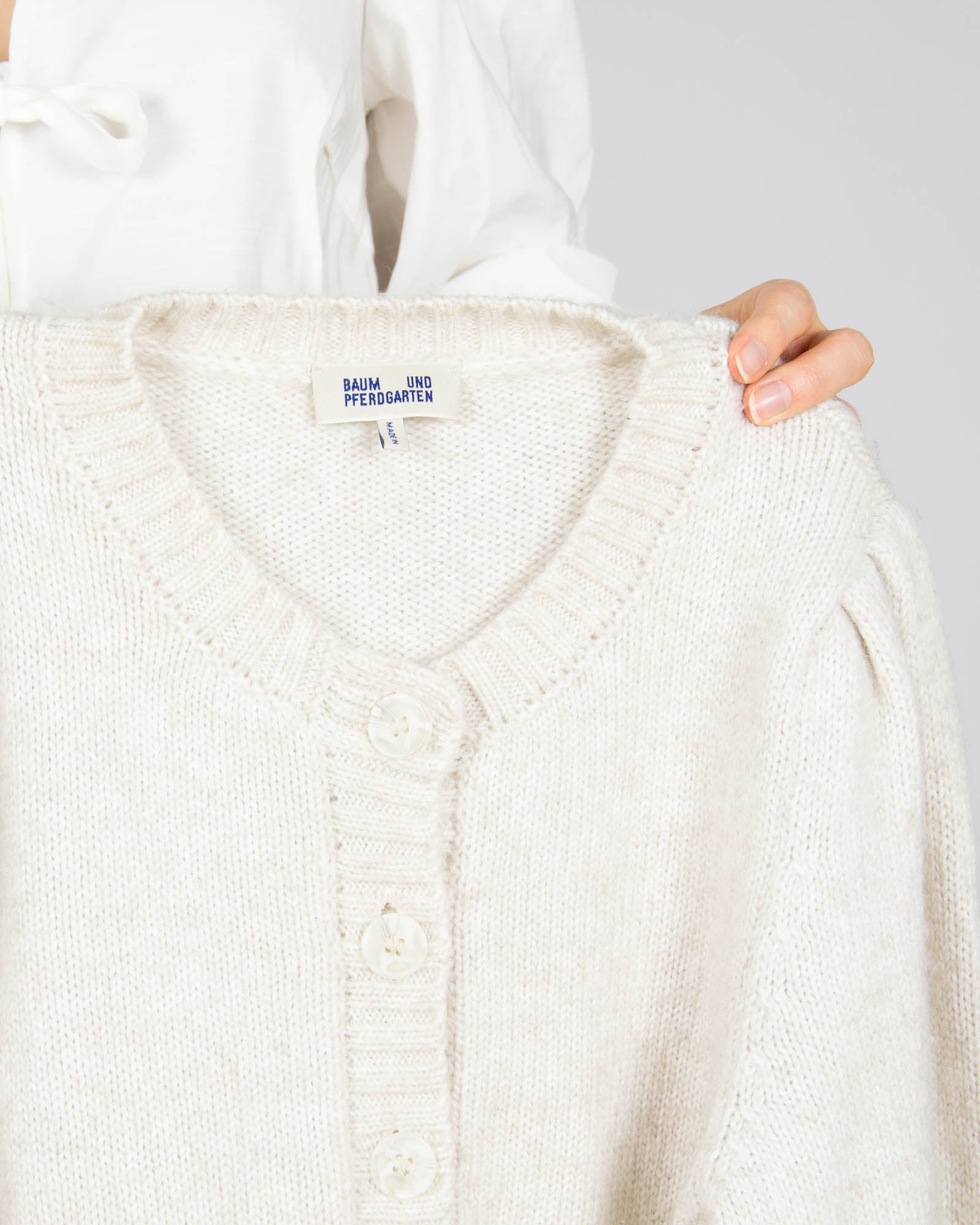 Beżowy (wełna merino + bawełna) sweter - S