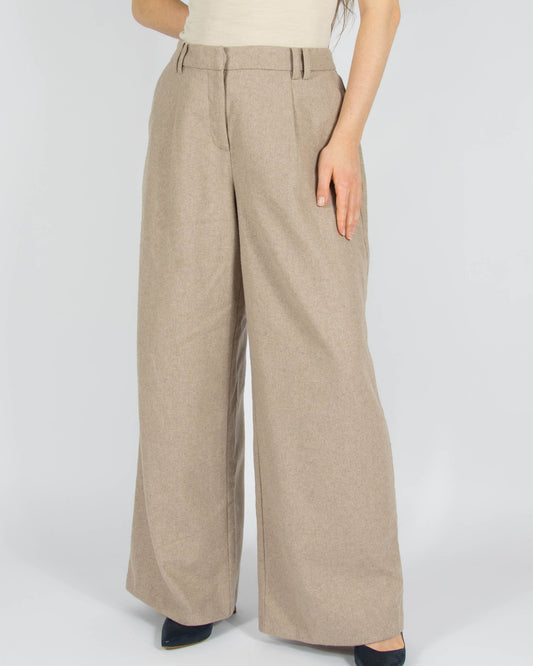 Beżowe wełniane spodnie z szeroką nogawką ICHI - M