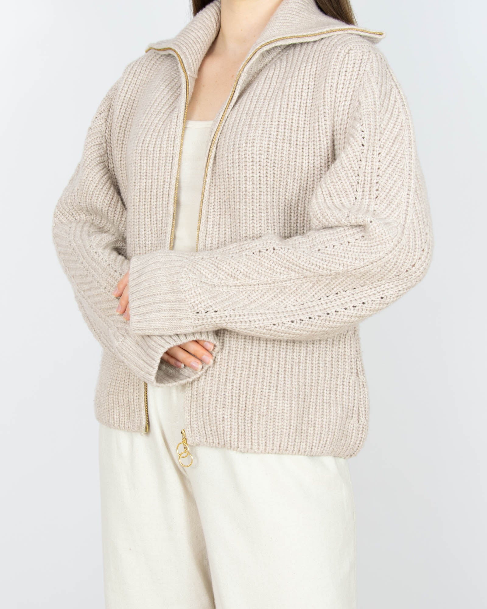 Beżowy (wełna + bawełna organiczna) rozpinany sweter LANIUS - S/M