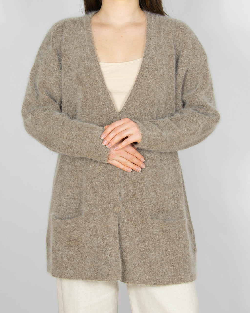 Beżowo brązowy wełniany (angora + wełna jagnięca) kardigan - XL