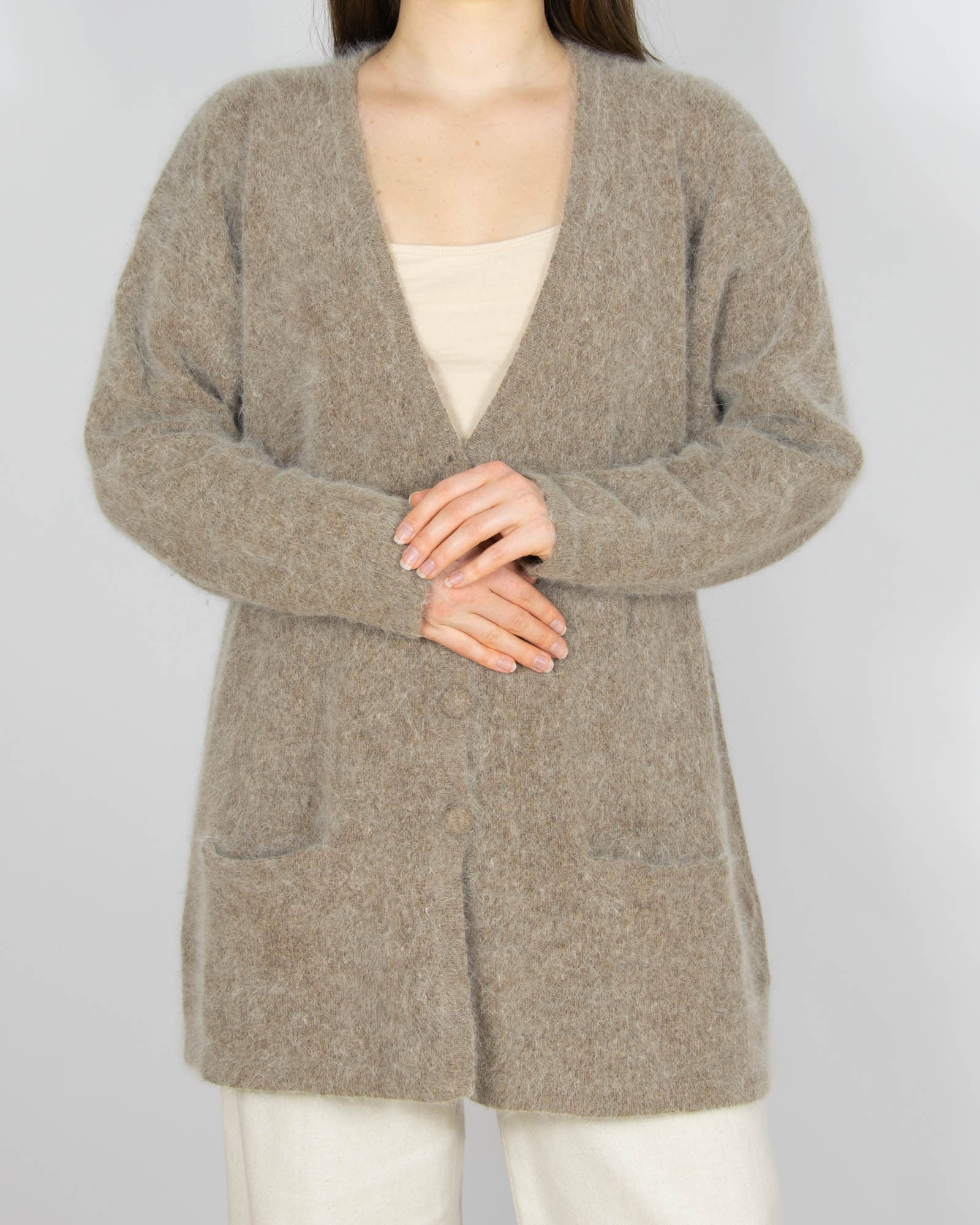 Beżowo brązowy wełniany (angora + wełna jagnięca) kardigan - XL