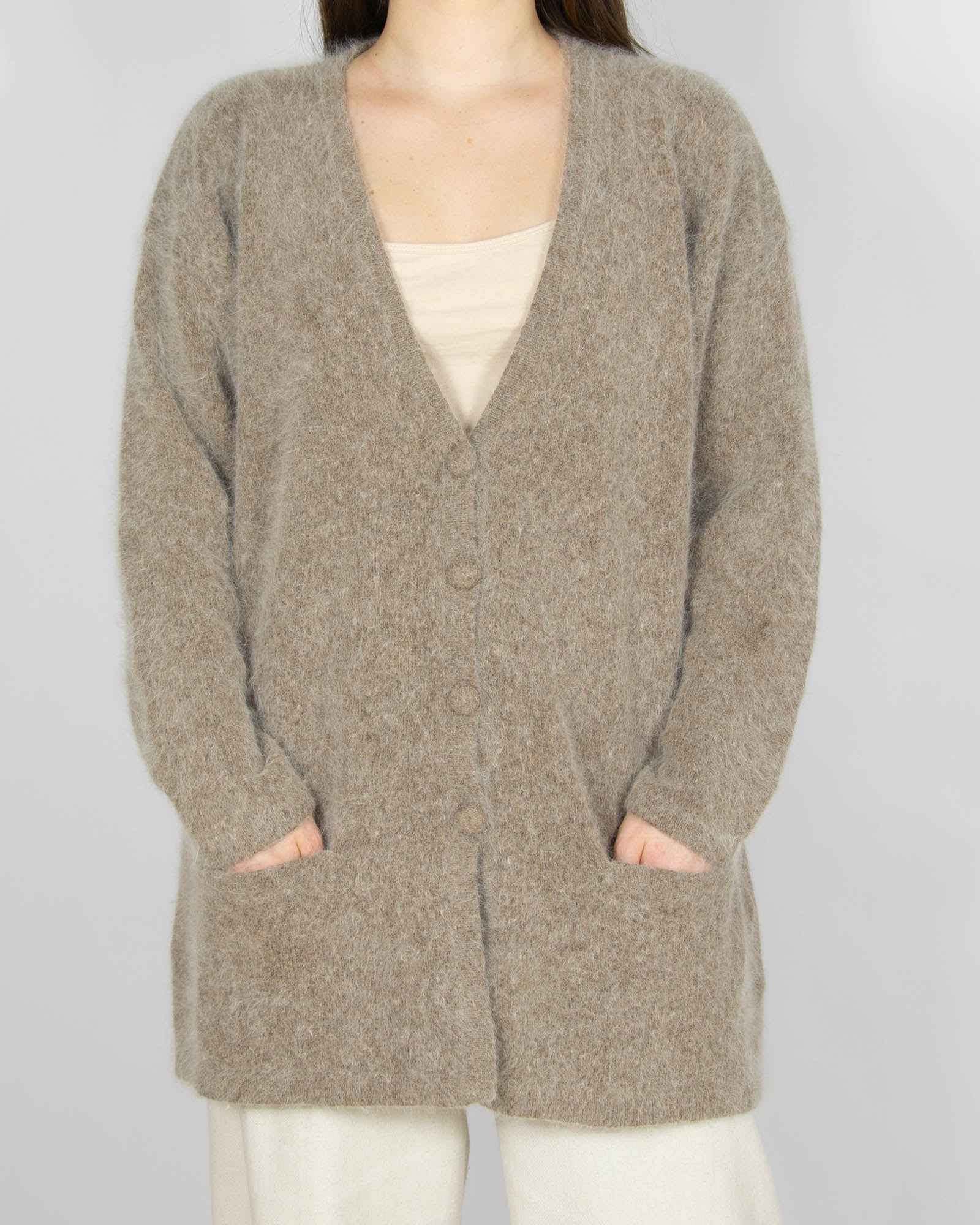 Beżowo brązowy wełniany (angora + wełna jagnięca) kardigan - XL
