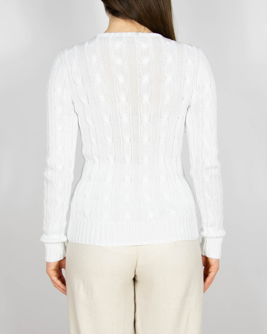 Biały bawełniany (pima) sweter warkoczowy Ralph Lauren - S