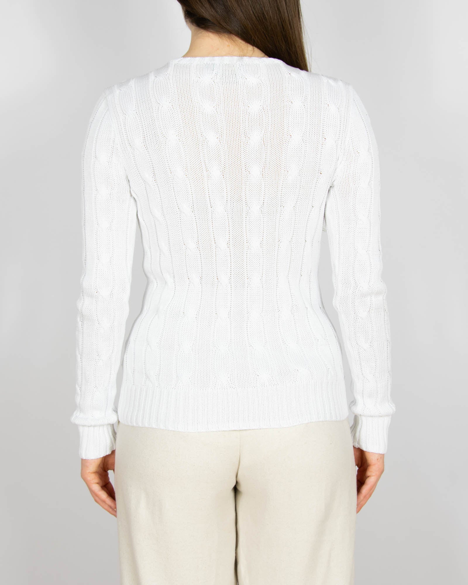 Biały bawełniany (pima) sweter warkoczowy Ralph Lauren - S