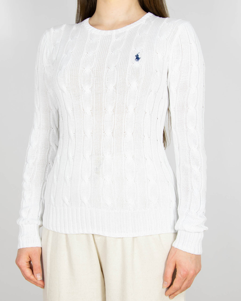 Biały bawełniany (pima) sweter warkoczowy Ralph Lauren - S