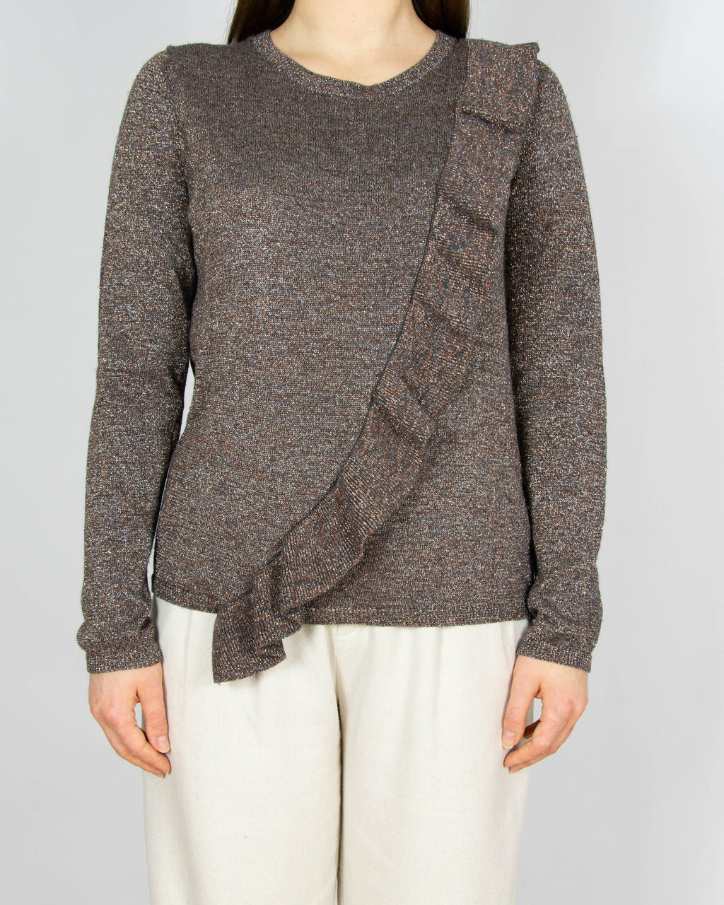 Brązowy wełniany sweter z metaliczną nicią CUSTOMMADE - S