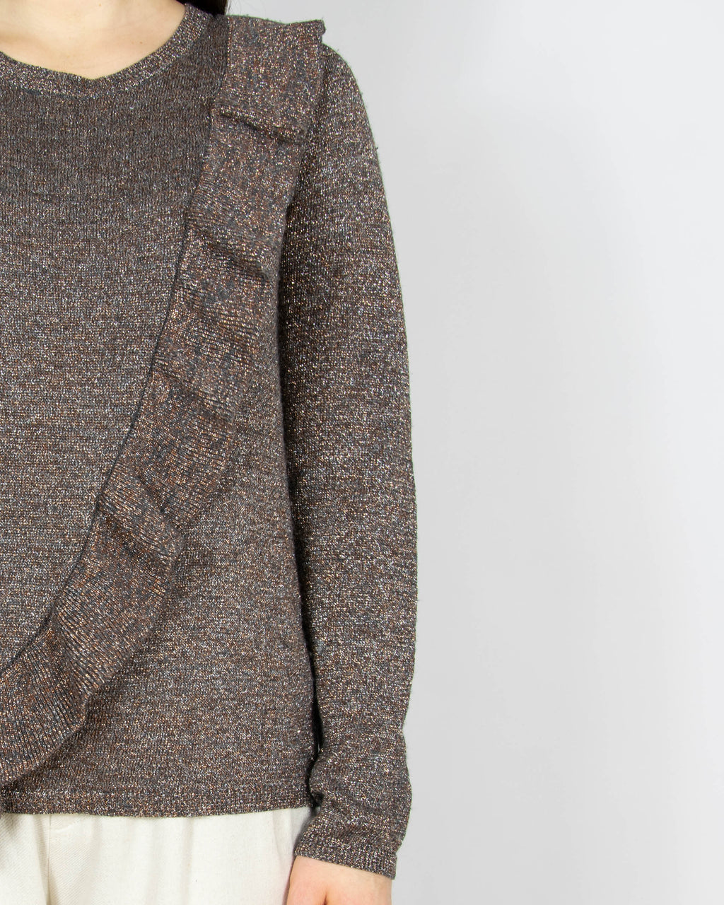 Brązowy wełniany sweter z metaliczną nicią CUSTOMMADE - S