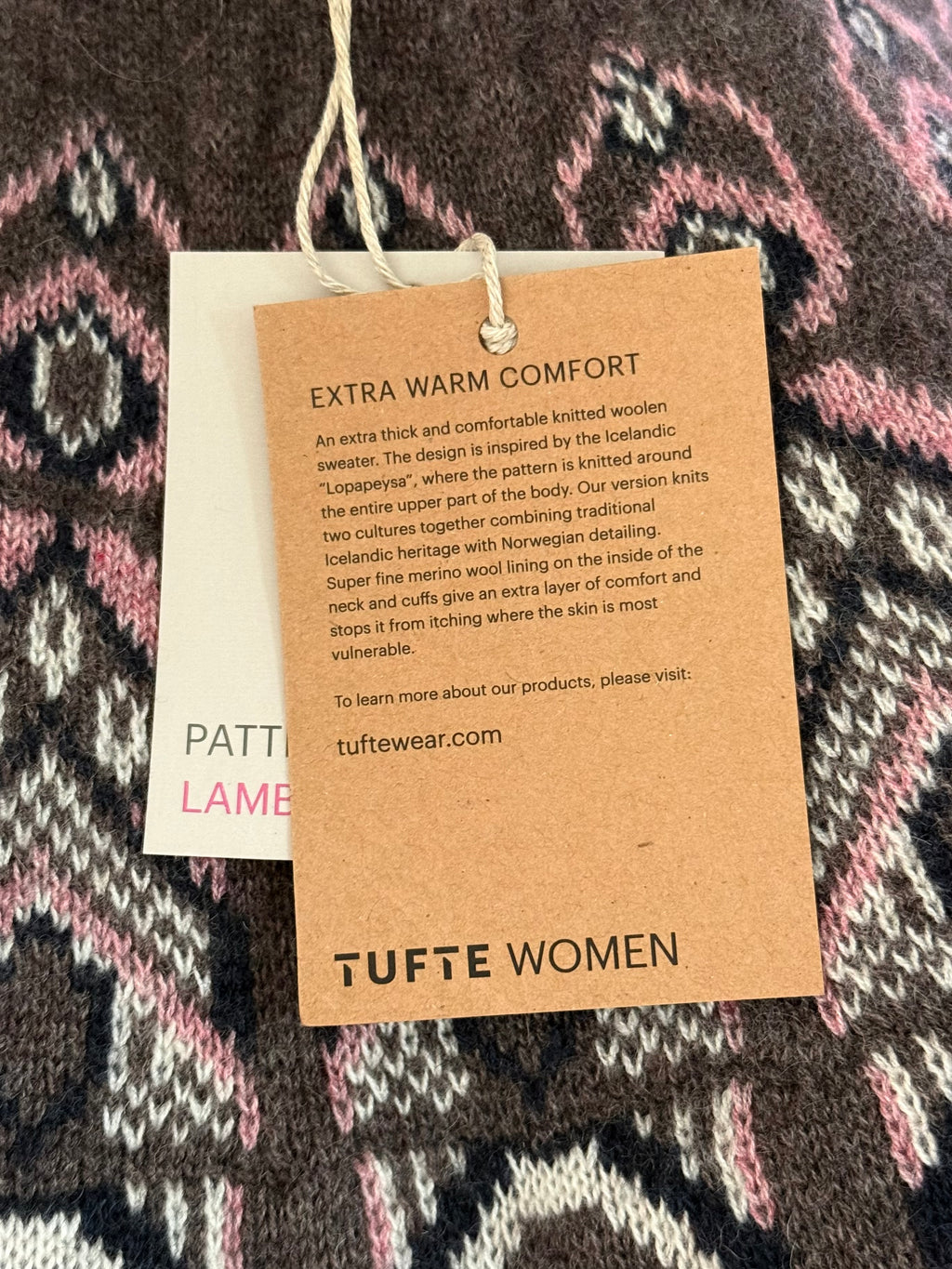 Nowy brązowo różowy (wełna jagnięca + merino) sweter norweski Tufte - M