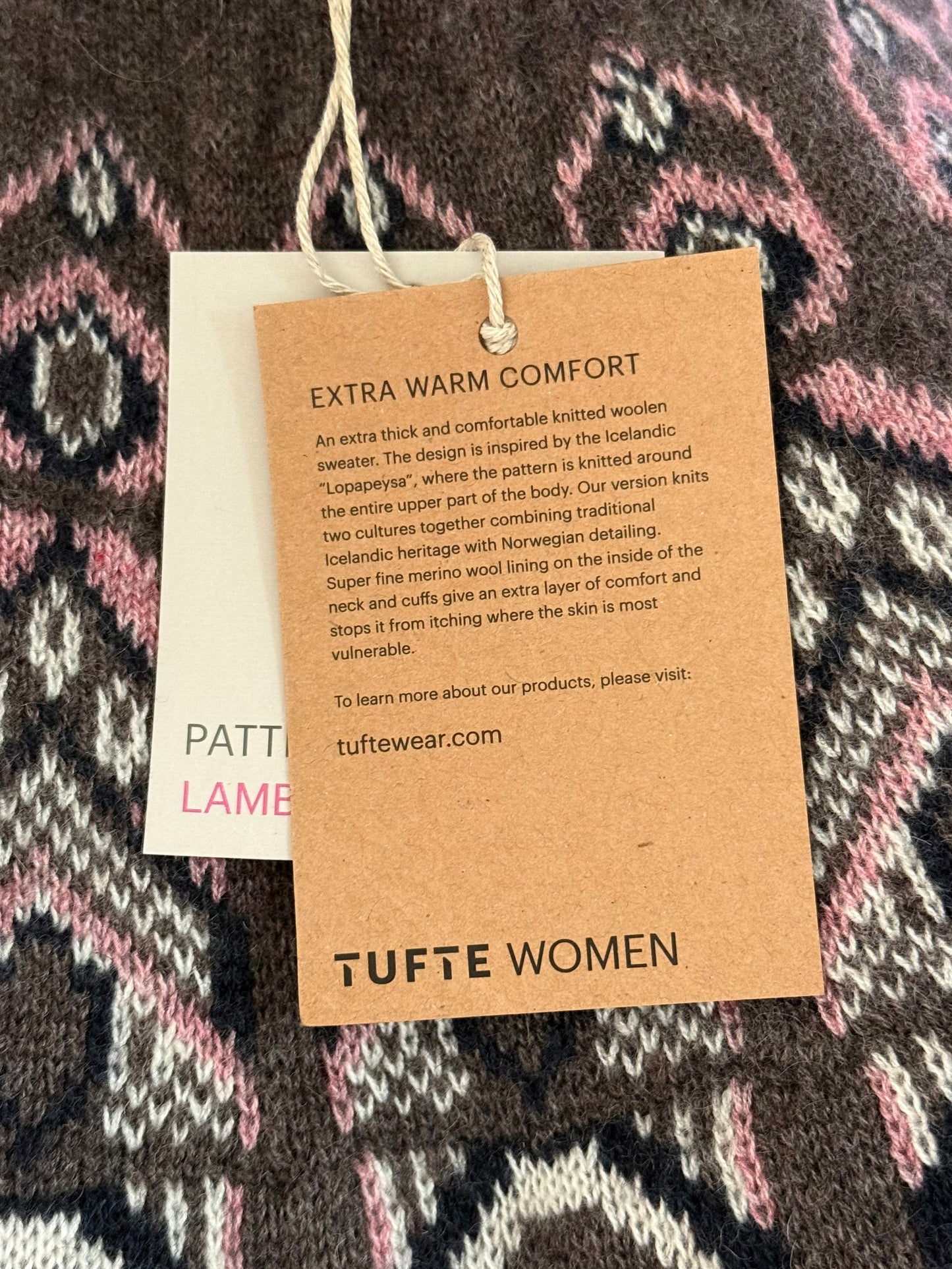 Nowy brązowo różowy (wełna jagnięca + merino) sweter norweski Tufte - M