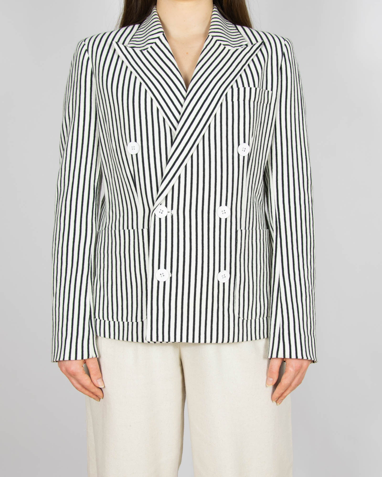 Czarno biała dwurzędowa bawełniana marynarka blazer w paski Ralph Lauren
