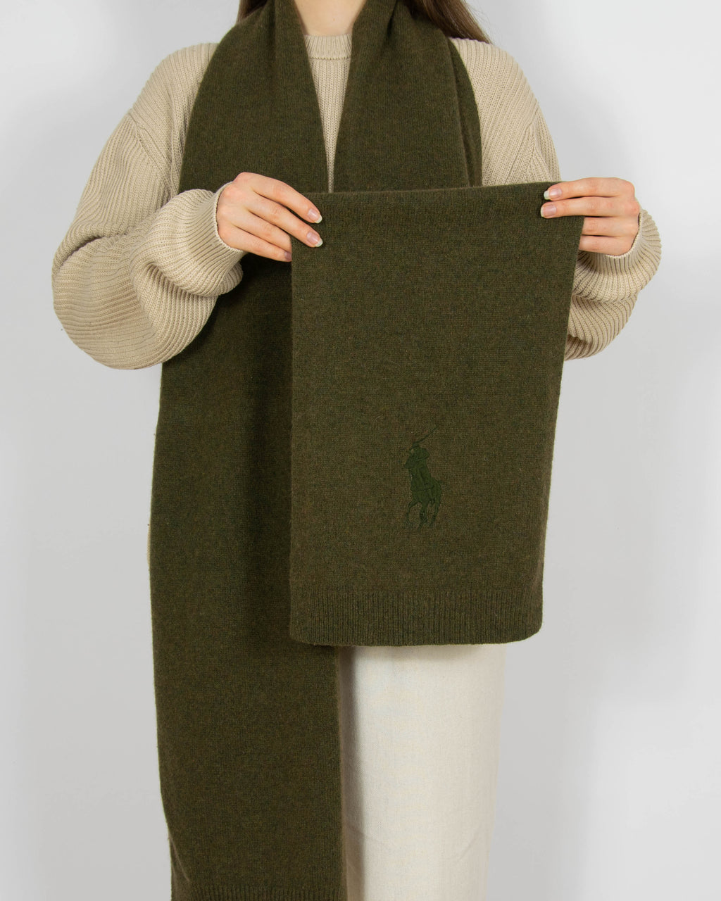 Ciemnozielony khaki wełniany (merino + angora) szal Ralph Lauren
