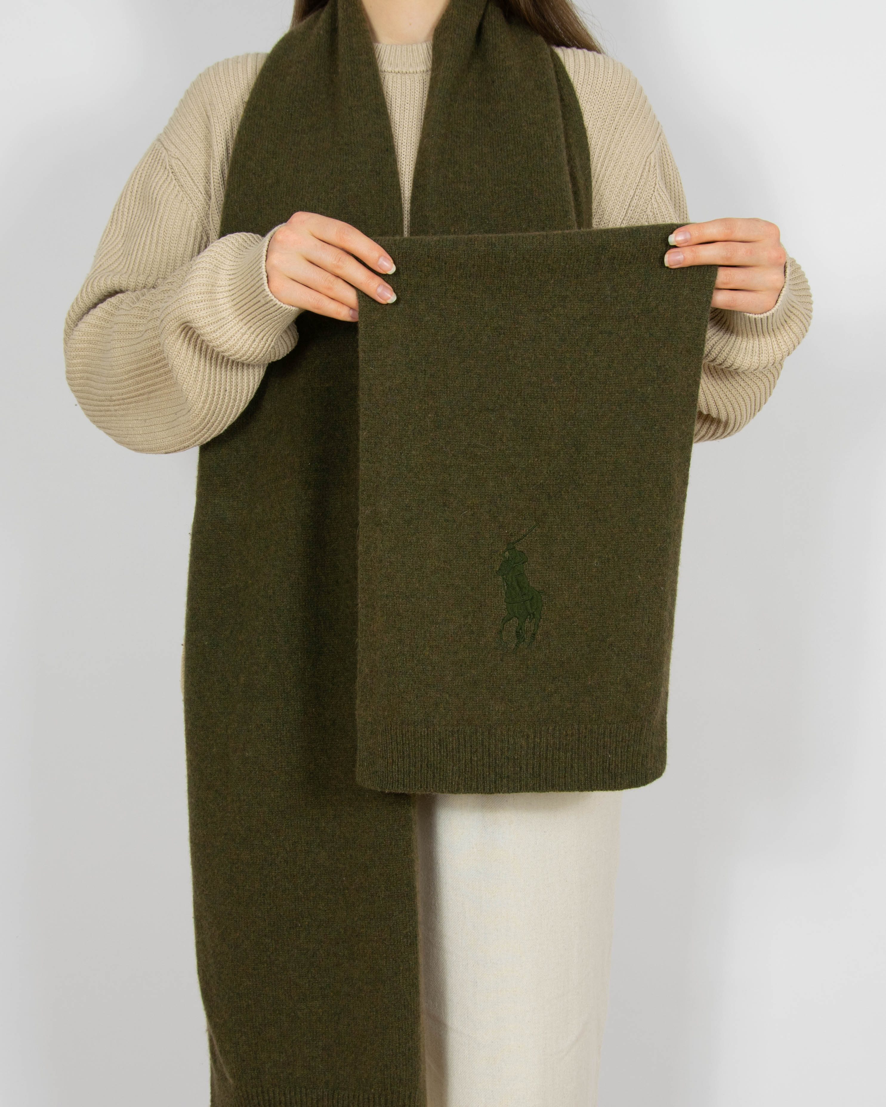Ciemnozielony khaki wełniany (merino + angora) szal Ralph Lauren