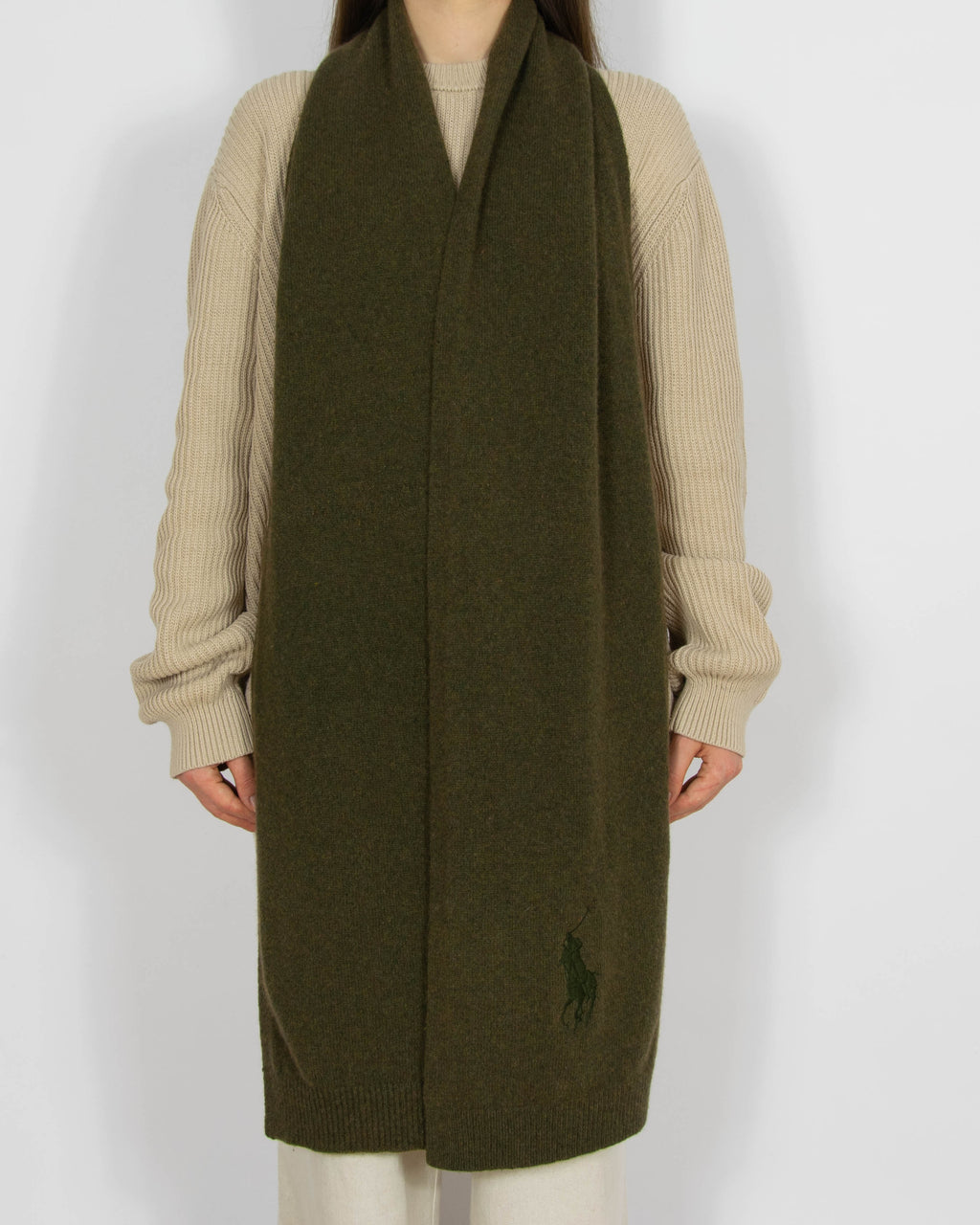 Ciemnozielony khaki wełniany (merino + angora) szal Ralph Lauren