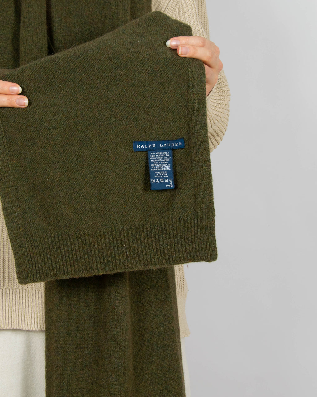 Ciemnozielony khaki wełniany (merino + angora) szal Ralph Lauren