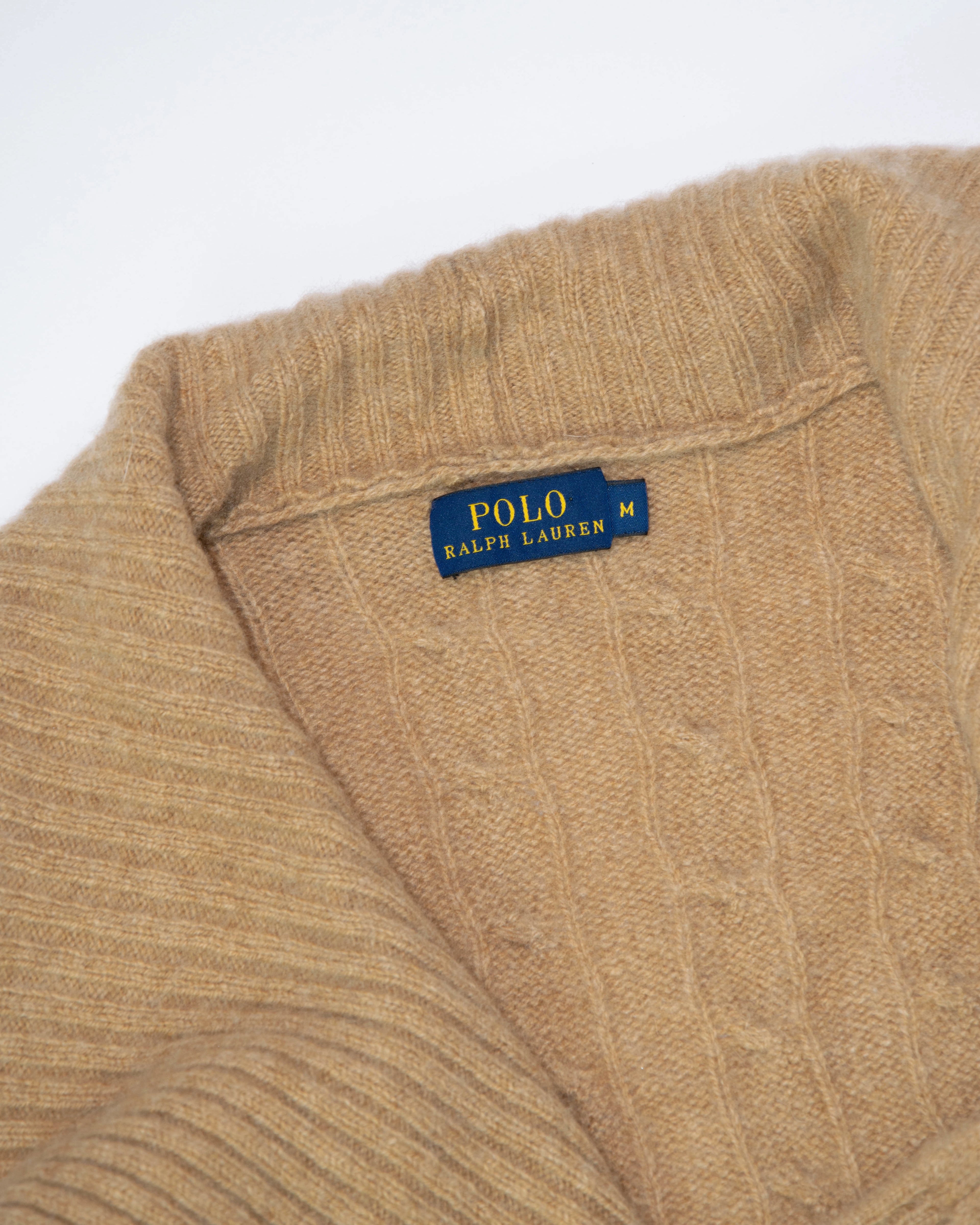 Beżowy wełniany długi kardigan cable knit z kaszmirem Ralph Lauren - M