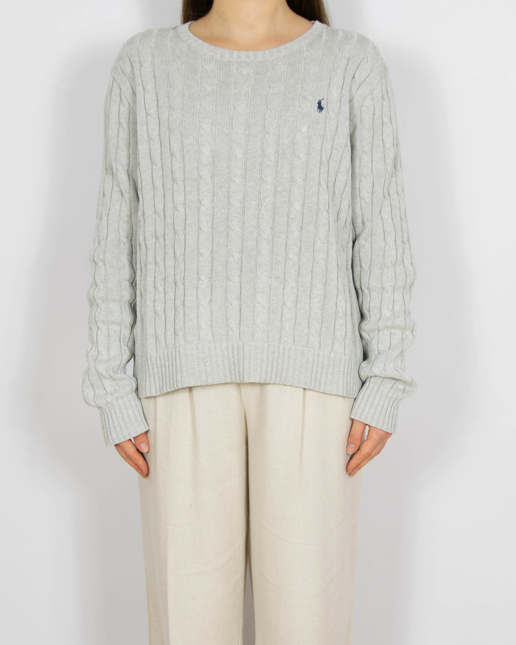 Jasnoszary bawełniany sweter cable knit Ralph Lauren