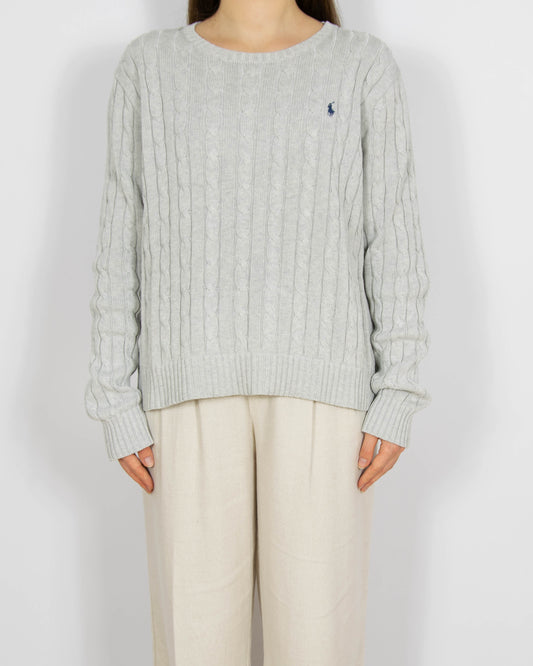 Jasnoszary bawełniany sweter cable knit Ralph Lauren