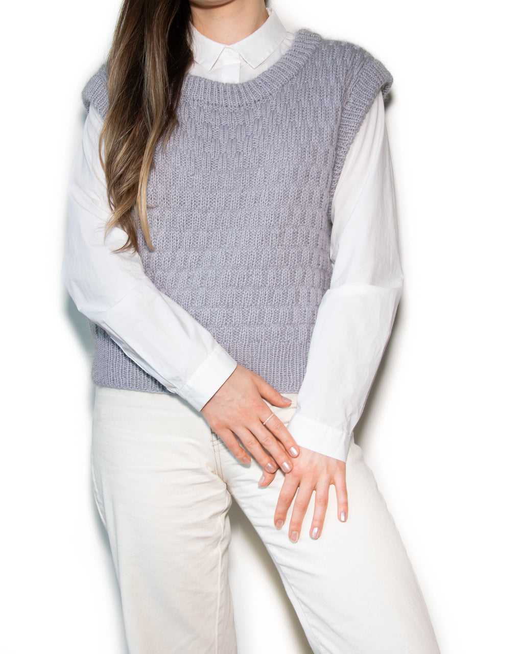 Szaroniebieska wełniana kamizelka HANDMADE - M/L