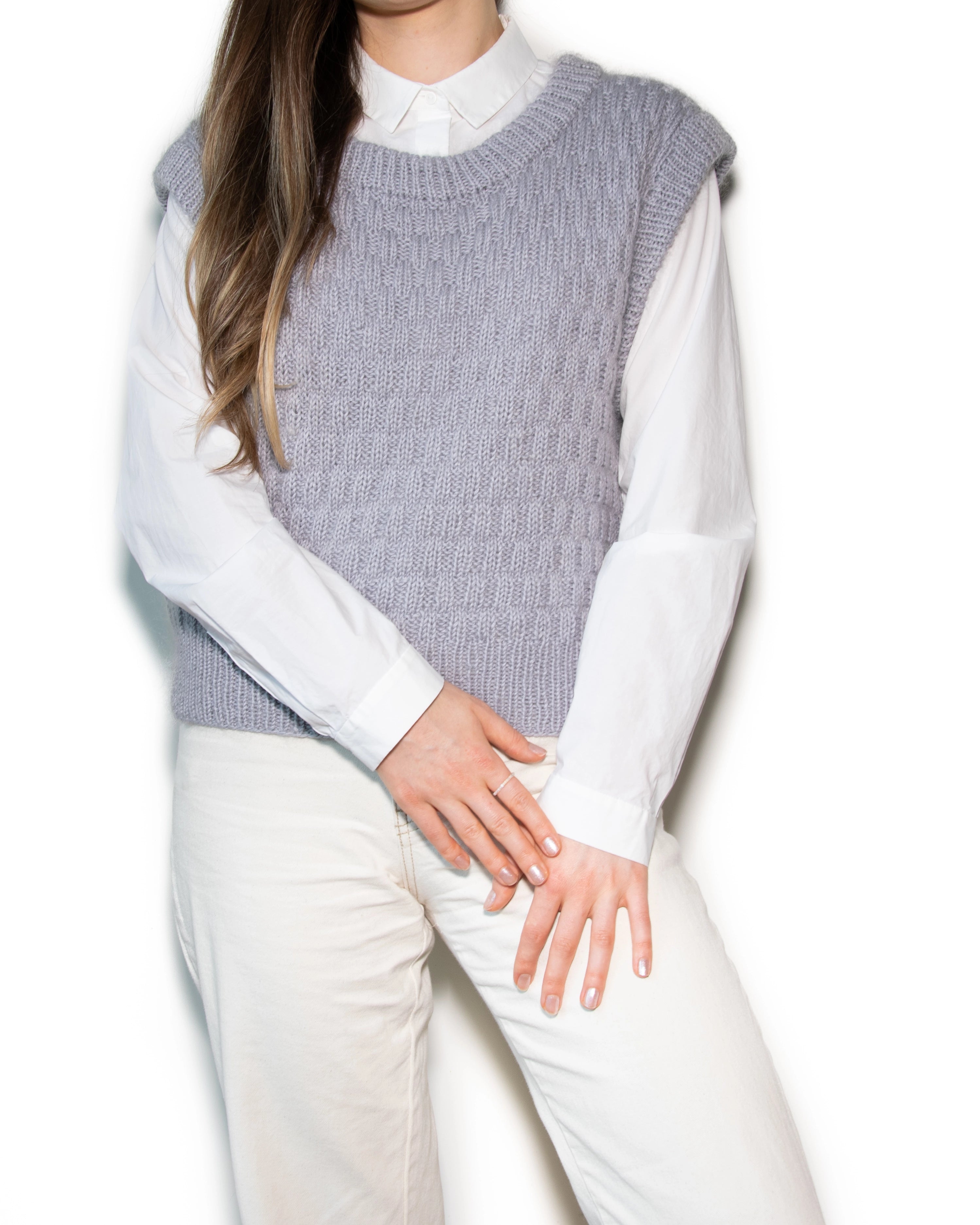 Szaroniebieska wełniana kamizelka HANDMADE - M/L