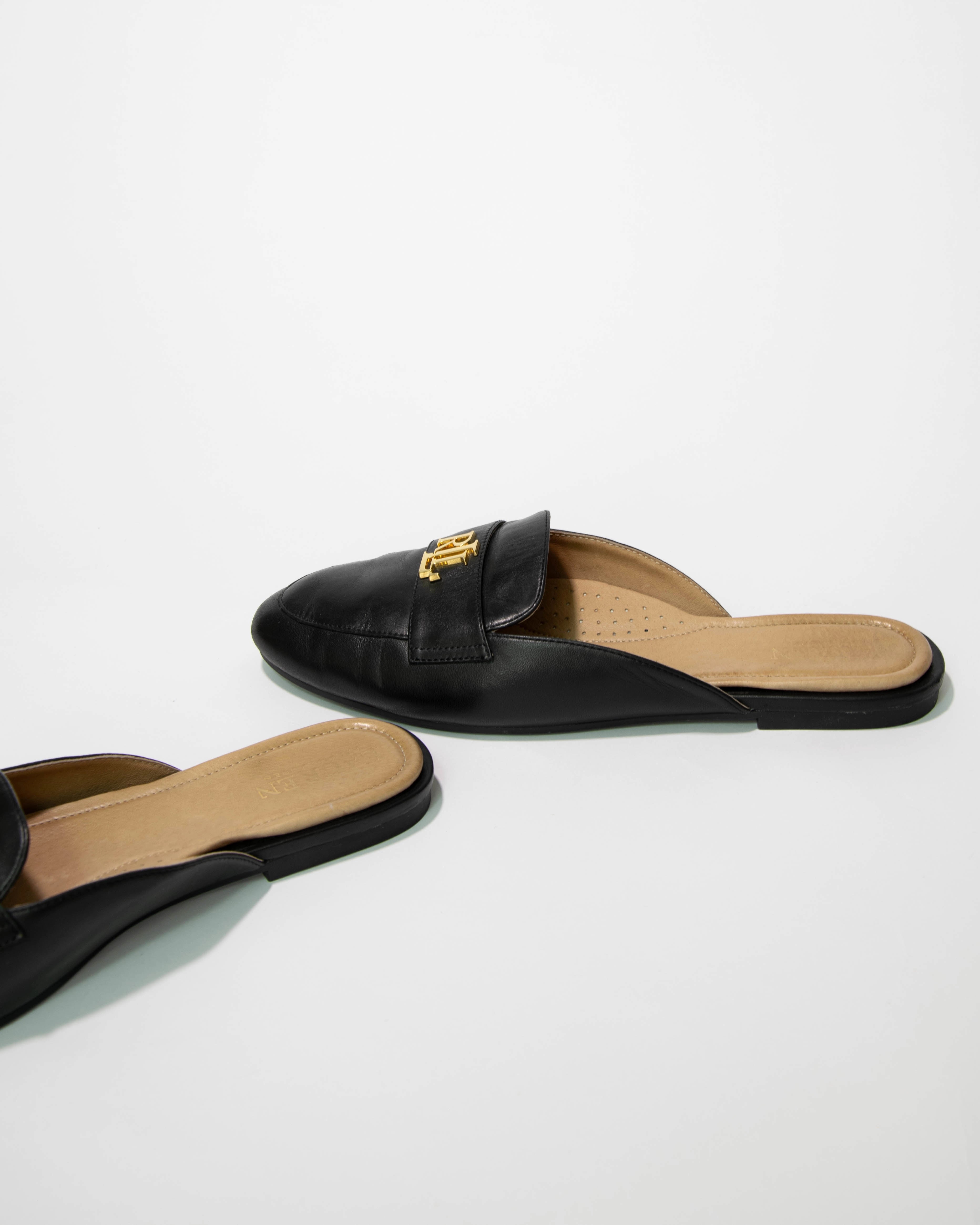 Czarne skórzane zabudowane klapki Ralph Lauren - 40 (25cm)